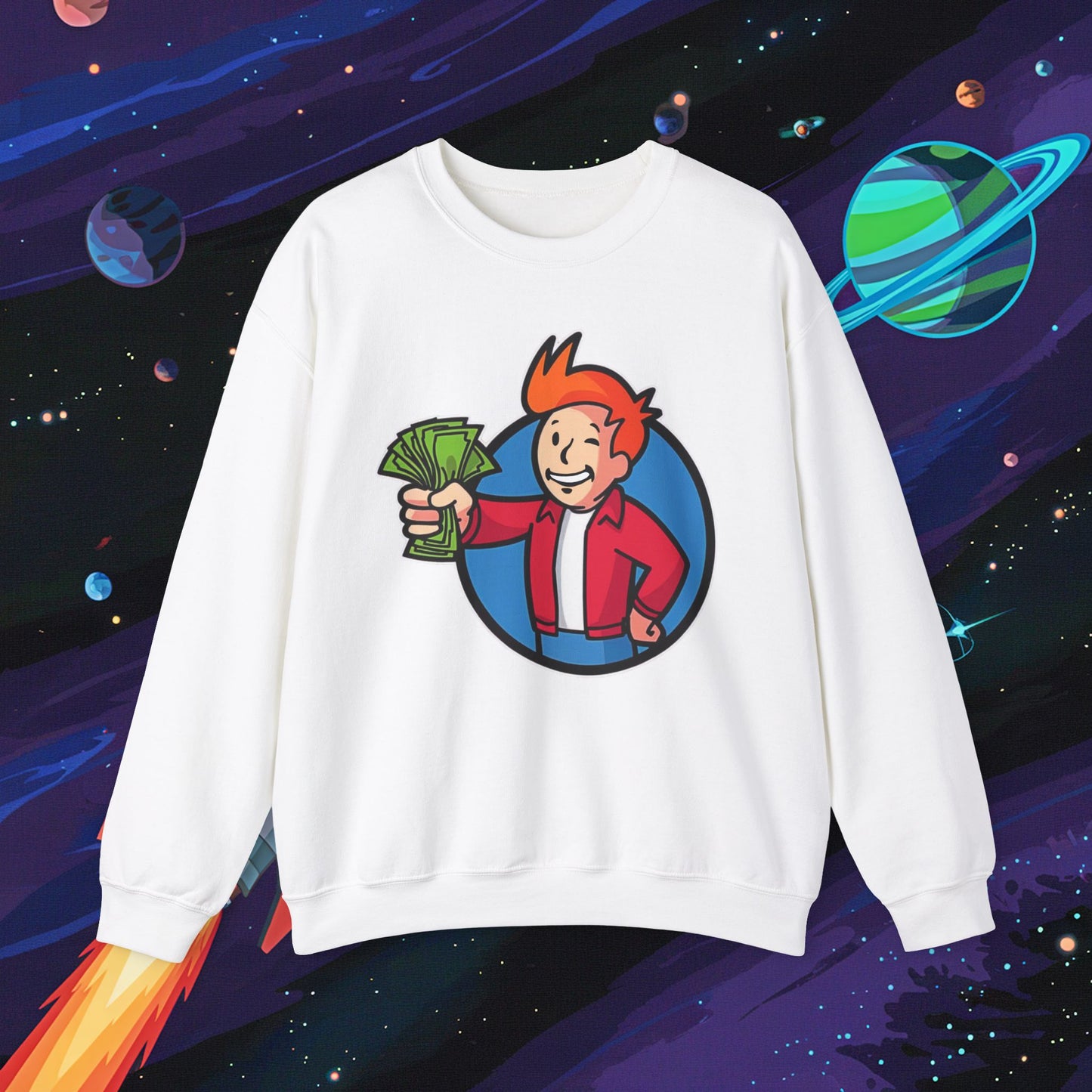 Shut Up And Take My Money Fry Boy Futurama Vault Boy Fallout Funny Cartoon Mashup Unisex Heavy Blend Crewneck Sweatshirt White Sweatshirts Fallout Futurama TV Shows Vault Boy Printify