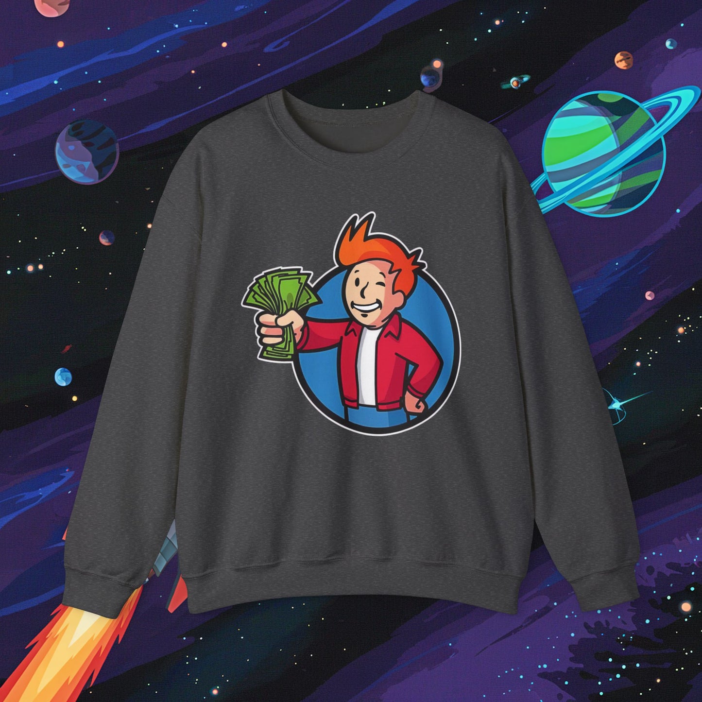 Shut Up And Take My Money Fry Boy Futurama Vault Boy Fallout Funny Cartoon Mashup Unisex Heavy Blend Crewneck Sweatshirt Next Cult Brand