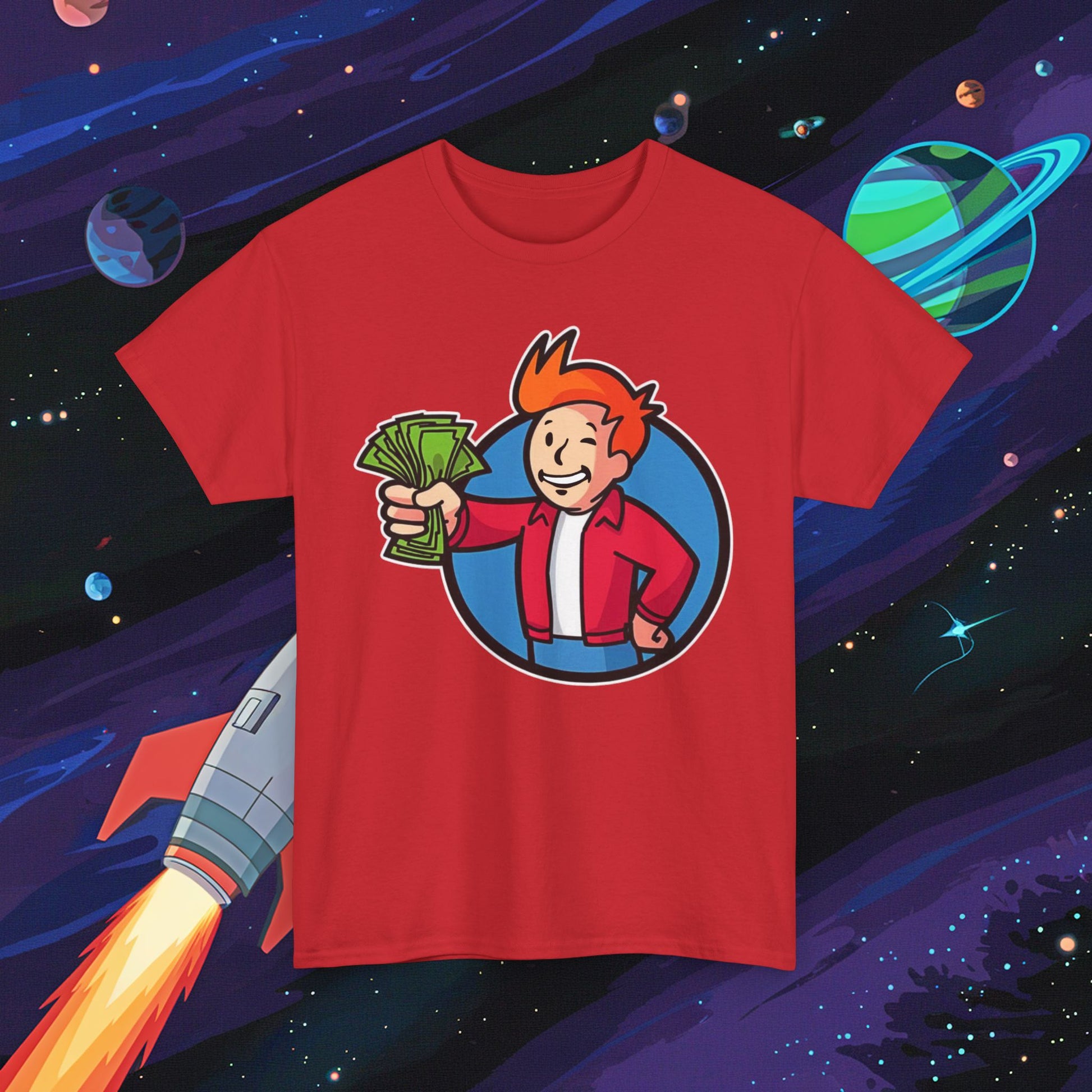 Shut Up And Take My Money Fry Boy Futurama Vault Boy Fallout Funny Cartoon Mashup Unisex Heavy Cotton Tee Red T-shirts Fallout Futurama TV Shows Vault Boy Printify