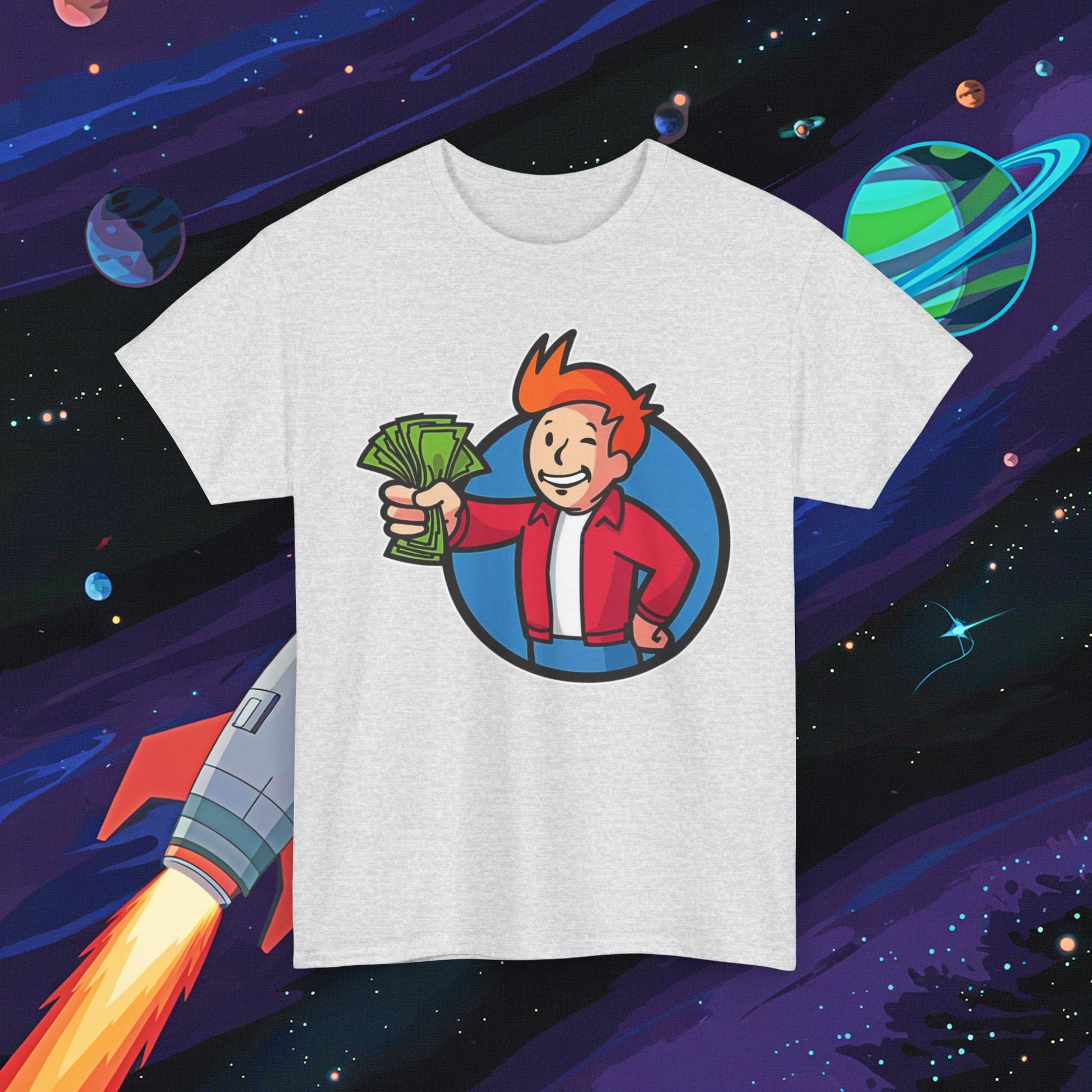 Shut Up And Take My Money Fry Boy Futurama Vault Boy Fallout Funny Cartoon Mashup Unisex Heavy Cotton Tee Ash T-shirts Fallout Futurama TV Shows Vault Boy Printify