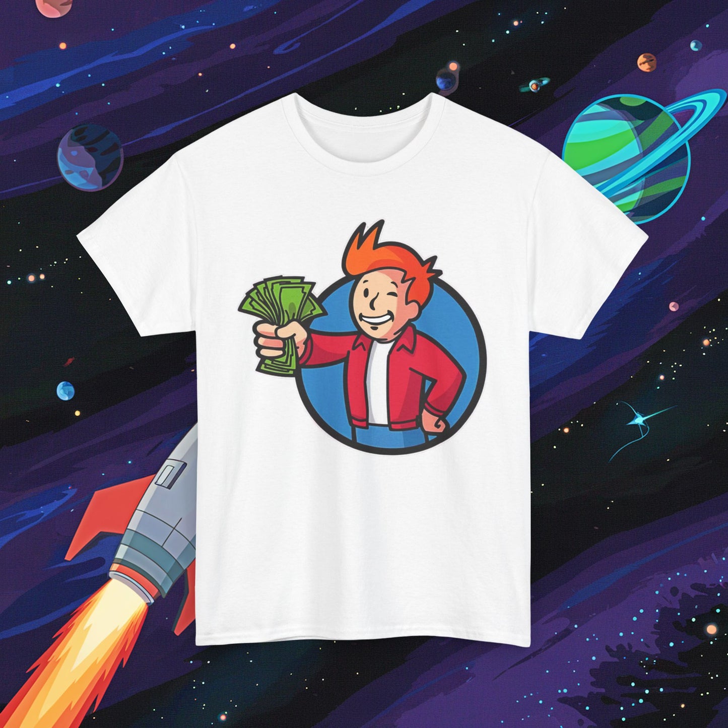 Shut Up And Take My Money Fry Boy Futurama Vault Boy Fallout Funny Cartoon Mashup Unisex Heavy Cotton Tee White T-shirts Fallout Futurama TV Shows Vault Boy Printify