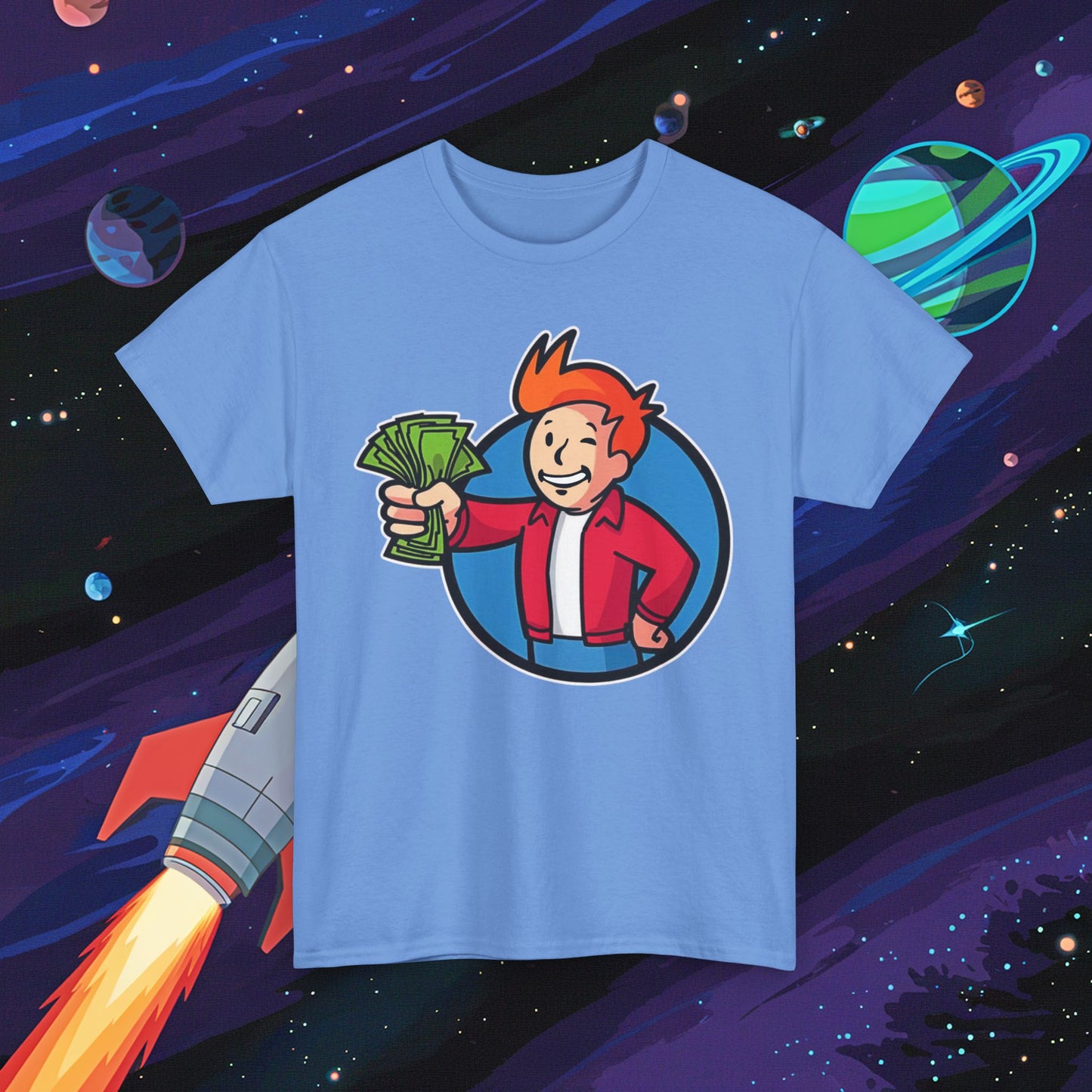 Shut Up And Take My Money Fry Boy Futurama Vault Boy Fallout Funny Cartoon Mashup Unisex Heavy Cotton Tee Next Cult Brand