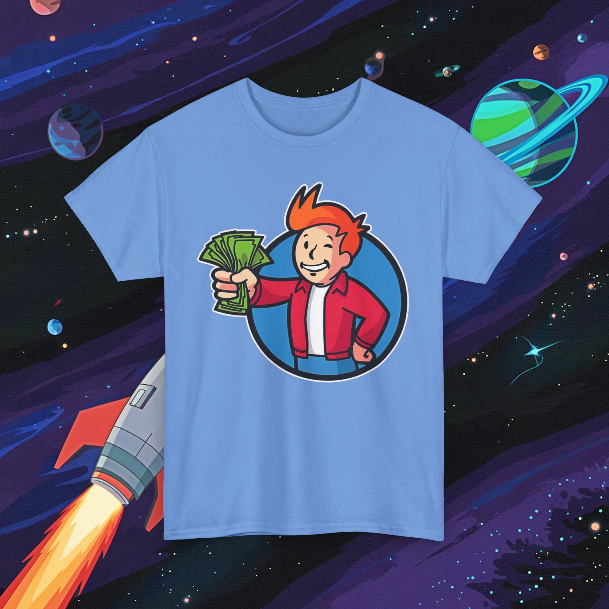 Shut Up And Take My Money Fry Boy Futurama Vault Boy Fallout Funny Cartoon Mashup Unisex Heavy Cotton Tee Carolina Blue T-shirts Fallout Futurama TV Shows Vault Boy Printify