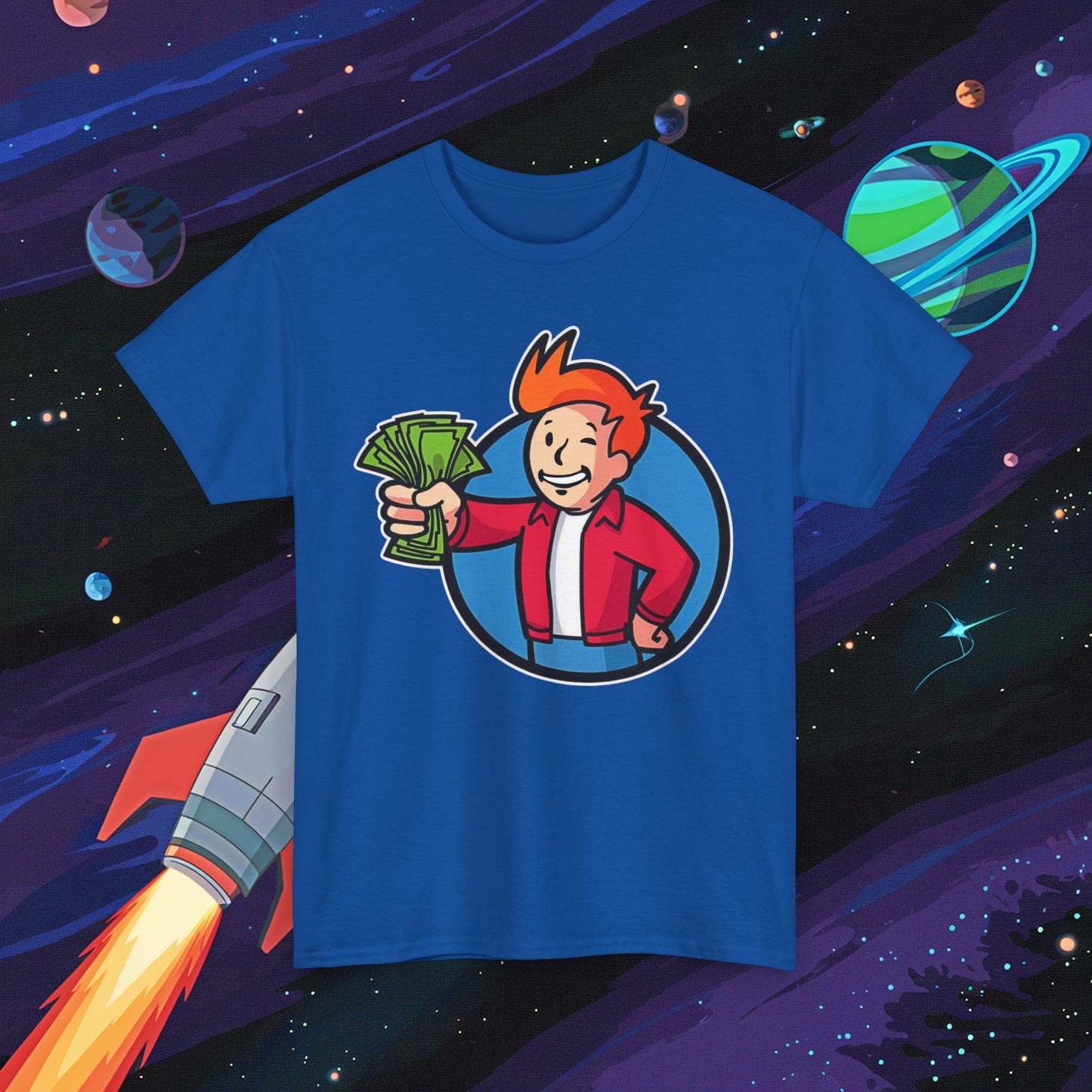 Shut Up And Take My Money Fry Boy Futurama Vault Boy Fallout Funny Cartoon Mashup Unisex Heavy Cotton Tee Next Cult Brand