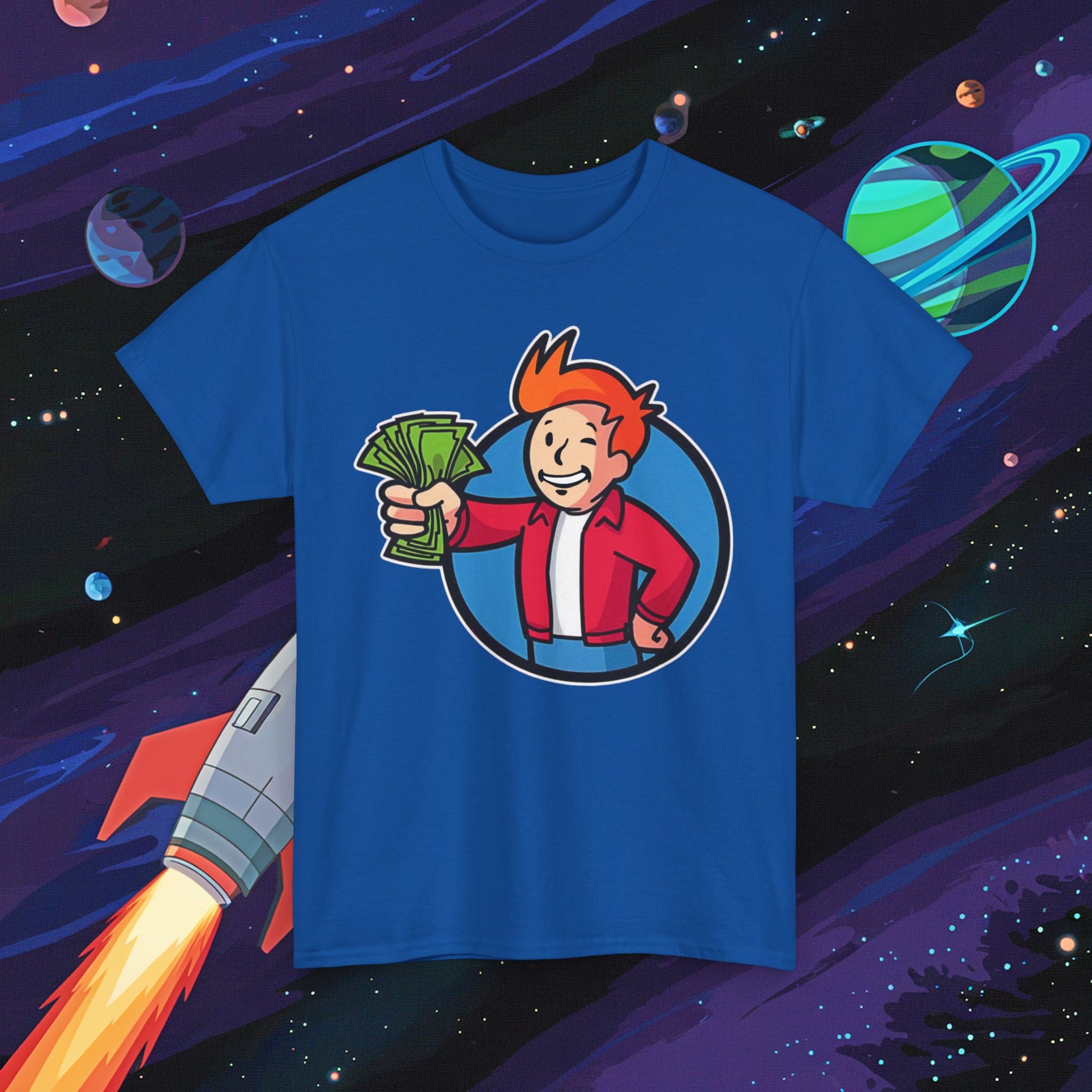 Shut Up And Take My Money Fry Boy Futurama Vault Boy Fallout Funny Cartoon Mashup Unisex Heavy Cotton Tee Royal T-shirts Fallout Futurama TV Shows Vault Boy Printify