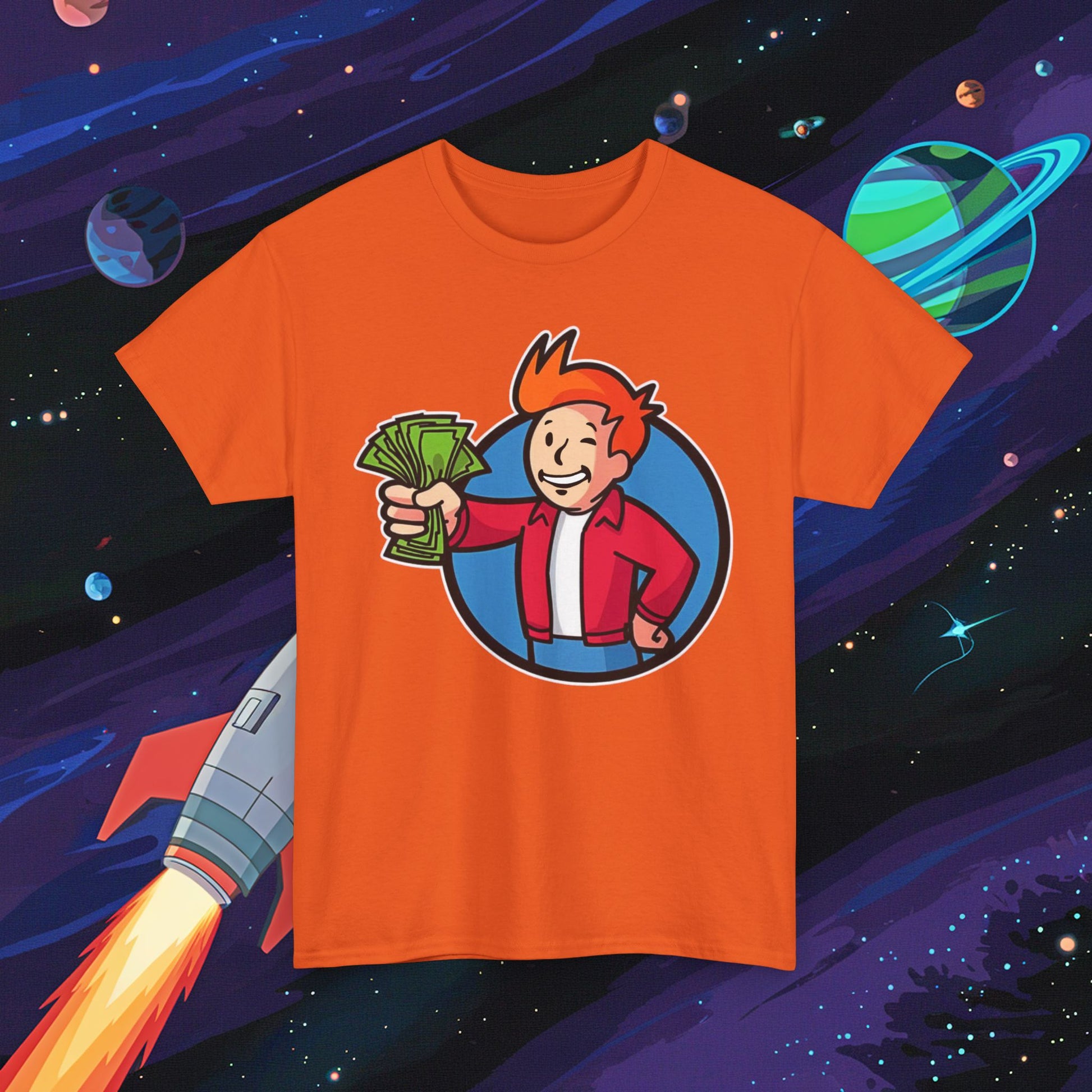 Shut Up And Take My Money Fry Boy Futurama Vault Boy Fallout Funny Cartoon Mashup Unisex Heavy Cotton Tee Orange T-shirts Fallout Futurama TV Shows Vault Boy Printify