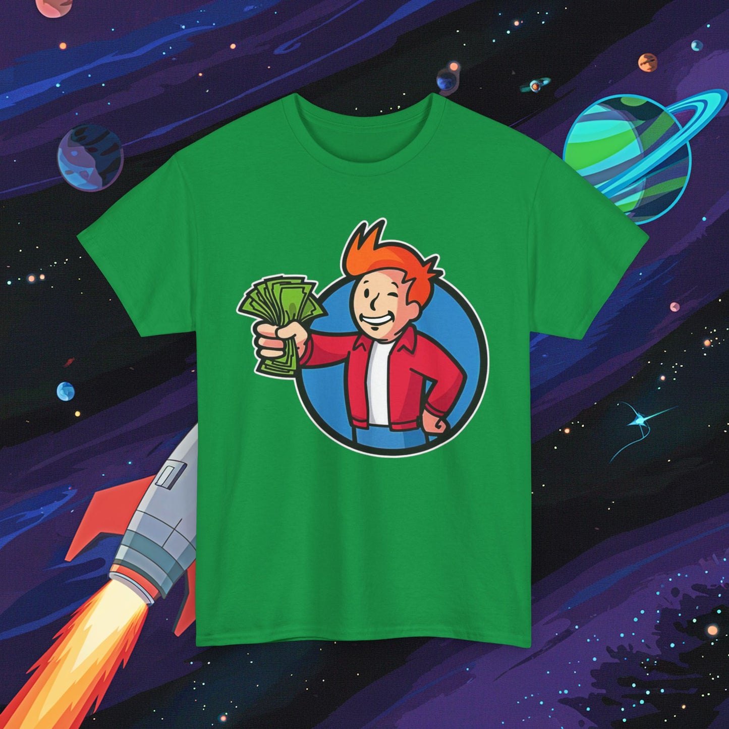 Shut Up And Take My Money Fry Boy Futurama Vault Boy Fallout Funny Cartoon Mashup Unisex Heavy Cotton Tee Irish Green T-shirts Fallout Futurama TV Shows Vault Boy Printify