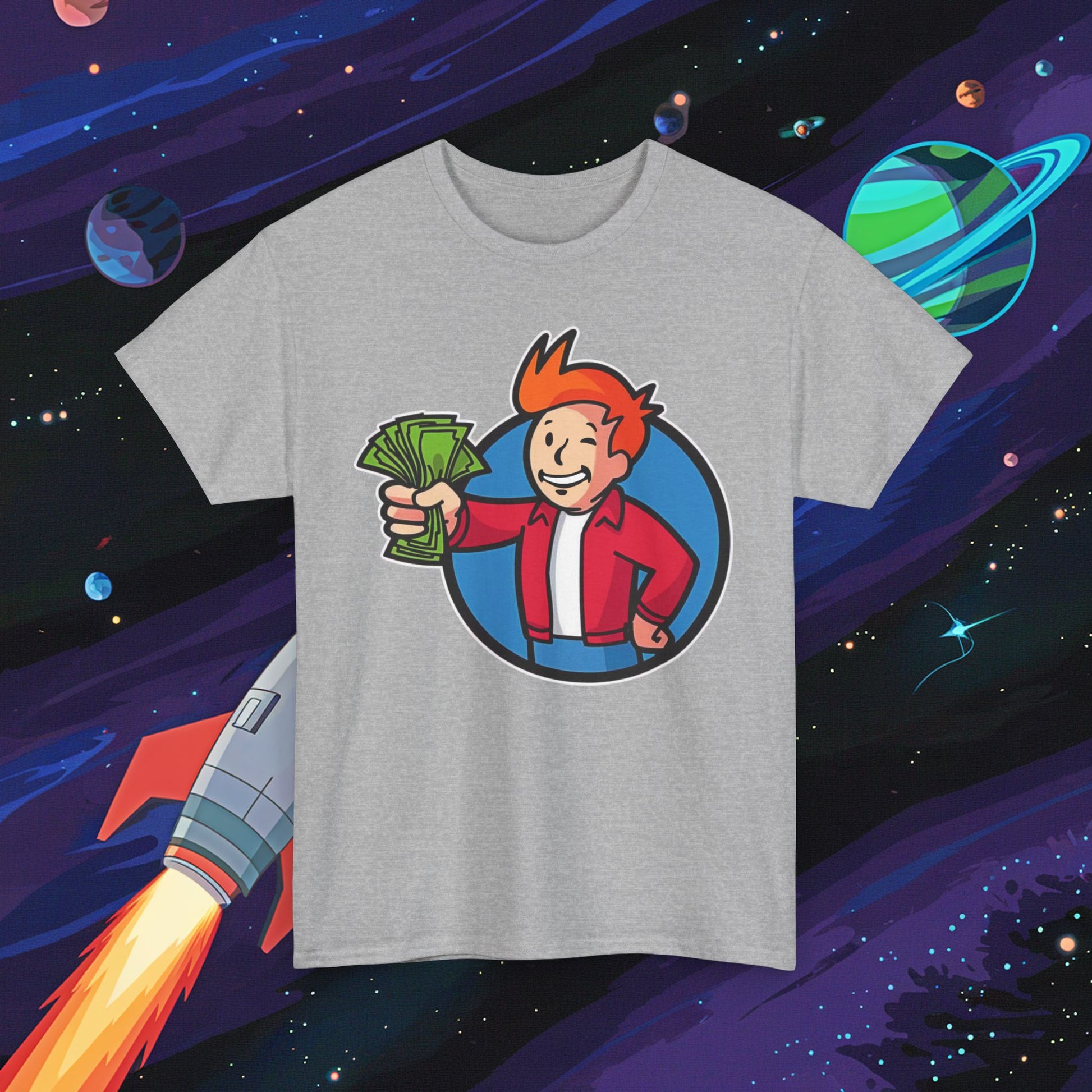 Shut Up And Take My Money Fry Boy Futurama Vault Boy Fallout Funny Cartoon Mashup Unisex Heavy Cotton Tee Sport Grey T-shirts Fallout Futurama TV Shows Vault Boy Printify