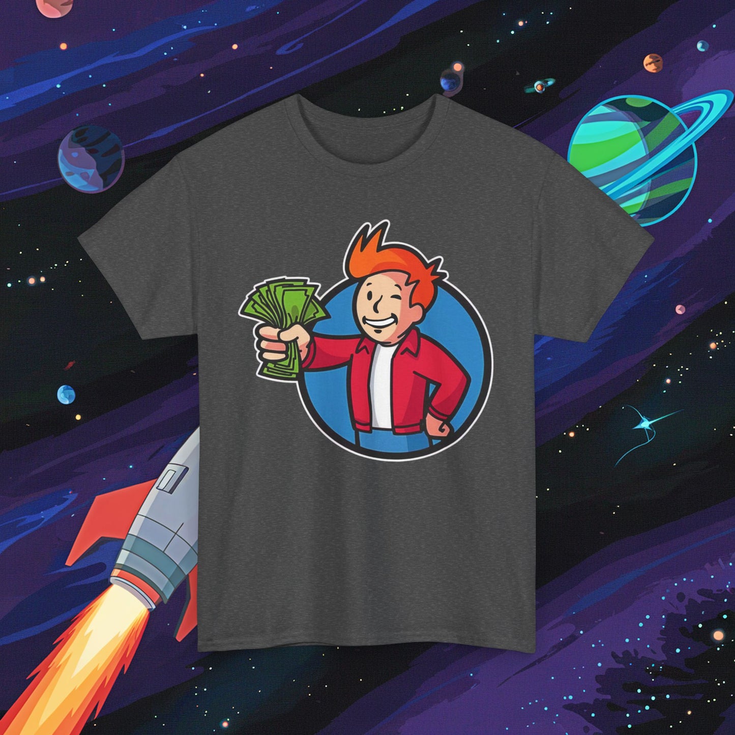 Shut Up And Take My Money Fry Boy Futurama Vault Boy Fallout Funny Cartoon Mashup Unisex Heavy Cotton Tee Next Cult Brand