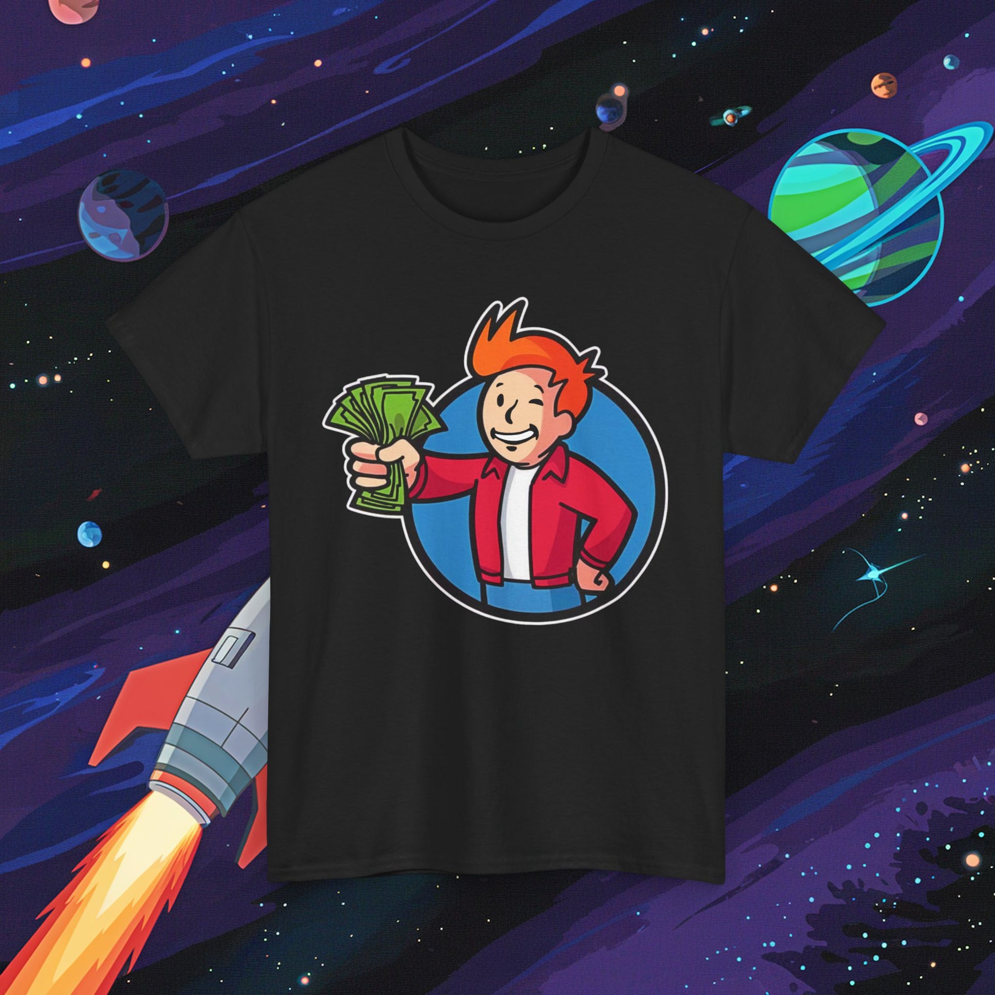 Shut Up And Take My Money Fry Boy Futurama Vault Boy Fallout Funny Cartoon Mashup Unisex Heavy Cotton Tee Next Cult Brand