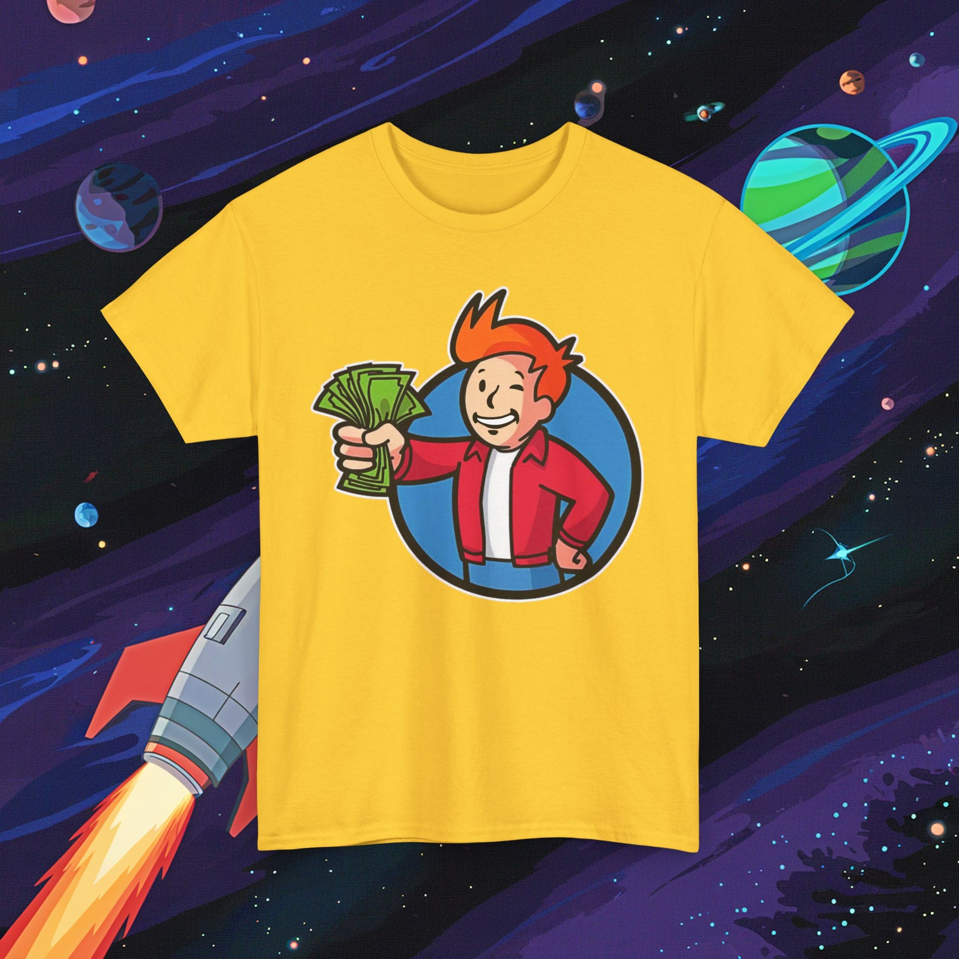 Shut Up And Take My Money Fry Boy Futurama Vault Boy Fallout Funny Cartoon Mashup Unisex Heavy Cotton Tee Daisy T-shirts Fallout Futurama TV Shows Vault Boy Printify