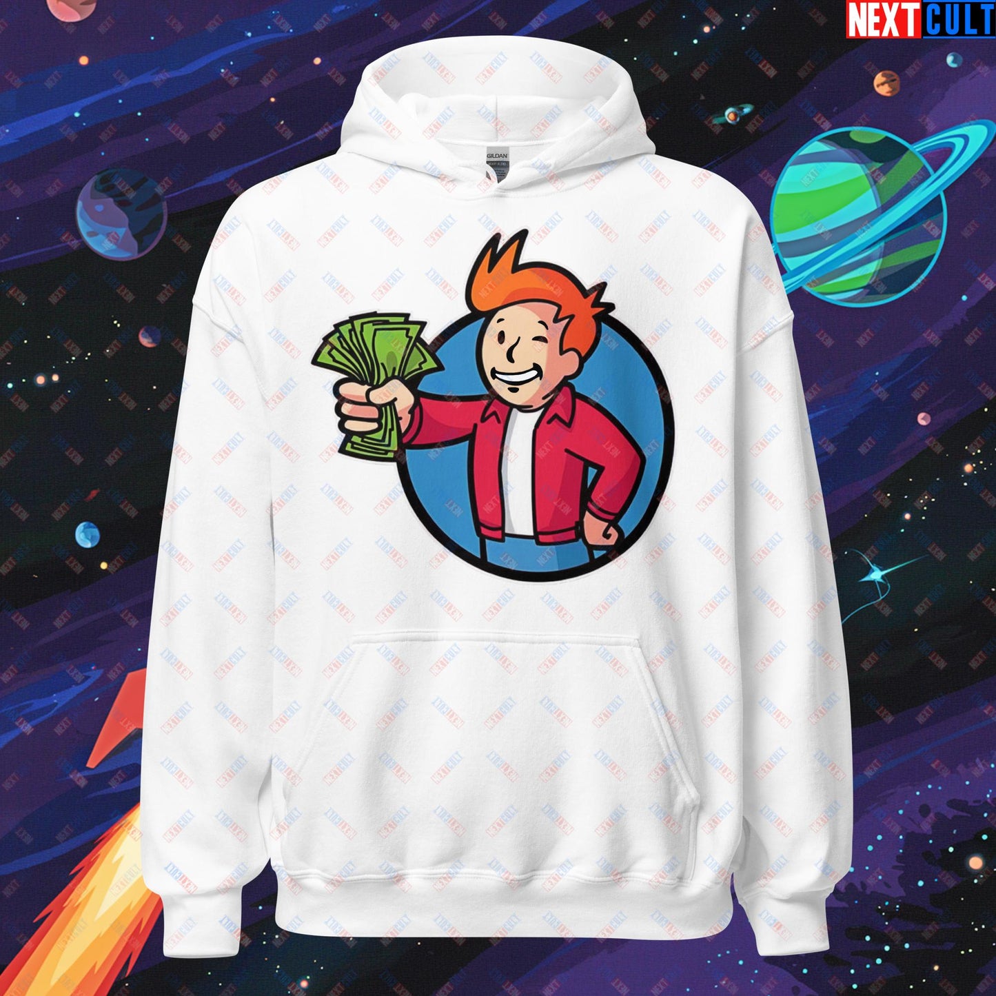 Shut Up And Take My Money Fry Boy Futurama Vault Boy Fallout Funny Cartoon Mashup Unisex Hoodie White Hoodies Fallout Futurama TV Shows Vault Boy Next Cult Brand