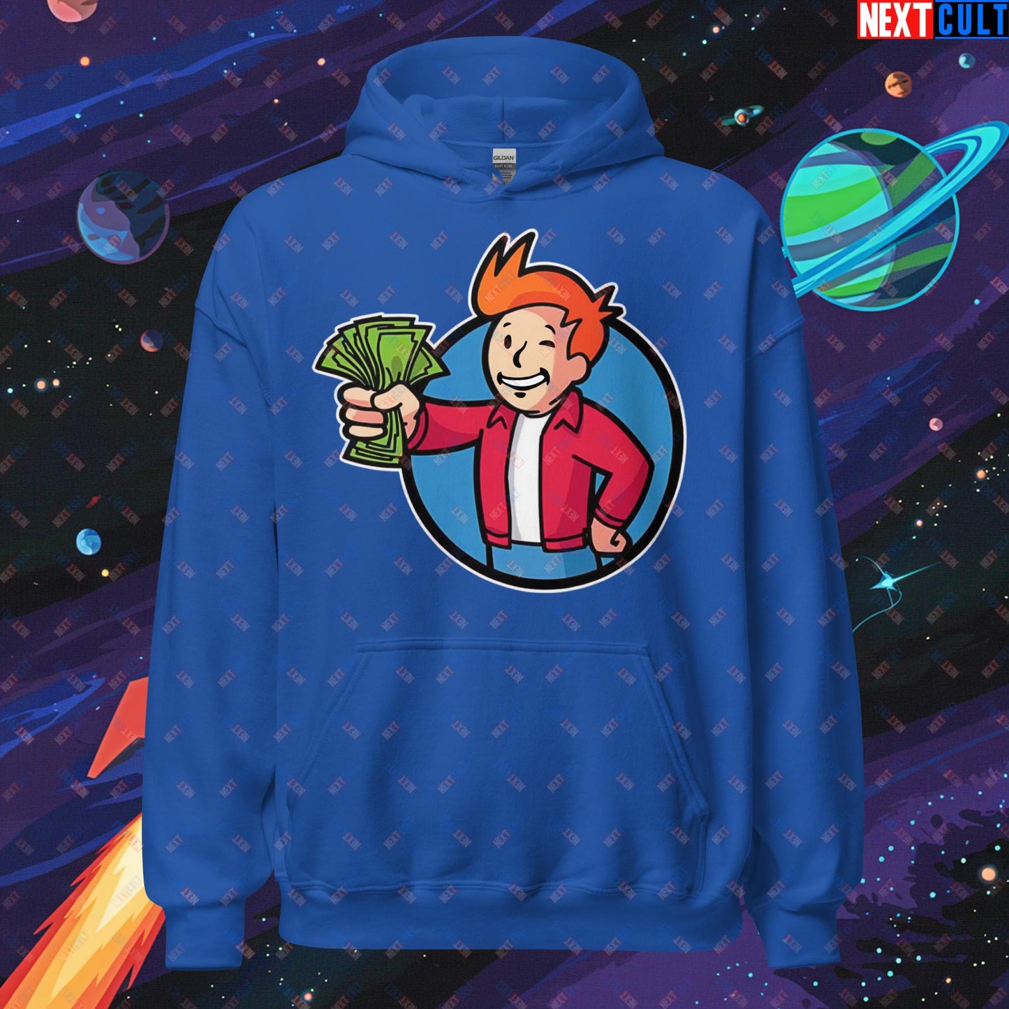 Shut Up And Take My Money Fry Boy Futurama Vault Boy Fallout Funny Cartoon Mashup Unisex Hoodie Royal Hoodies Fallout Futurama TV Shows Vault Boy Next Cult Brand