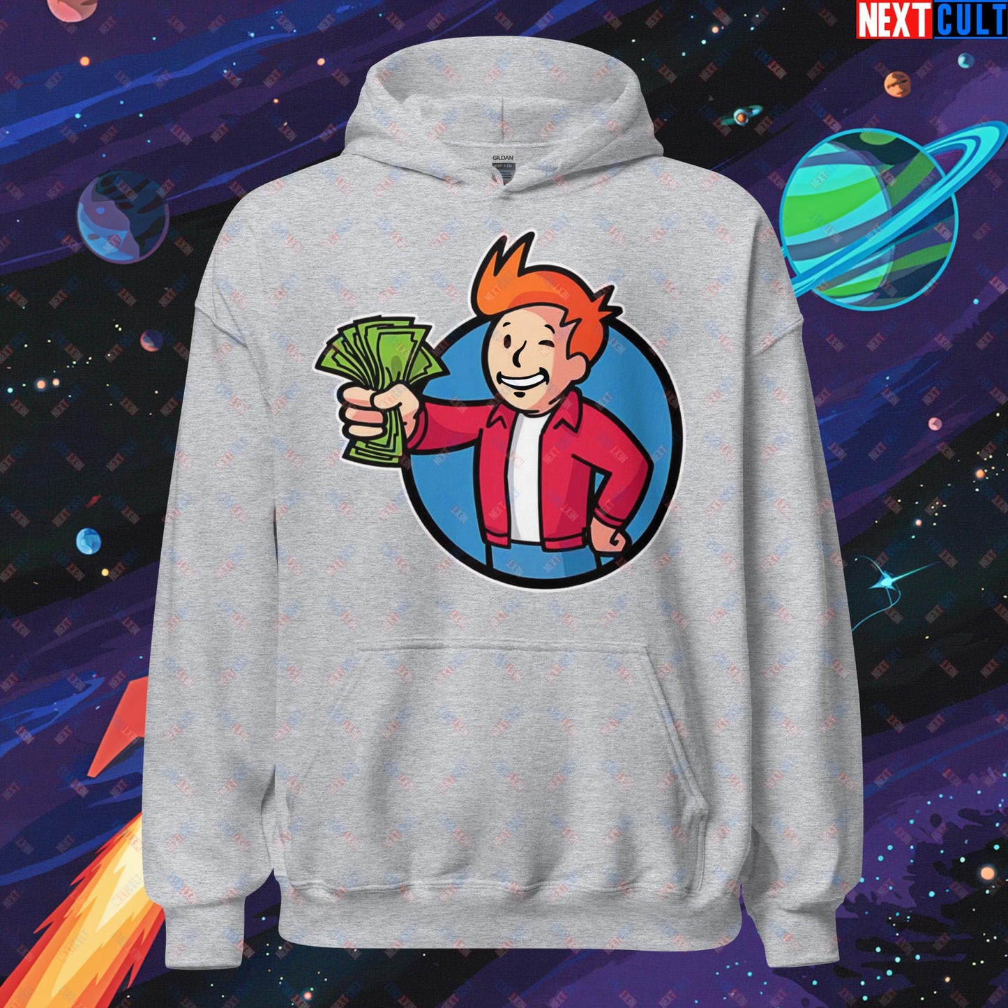 Shut Up And Take My Money Fry Boy Futurama Vault Boy Fallout Funny Cartoon Mashup Unisex Hoodie Sport Grey Hoodies Fallout Futurama TV Shows Vault Boy Next Cult Brand