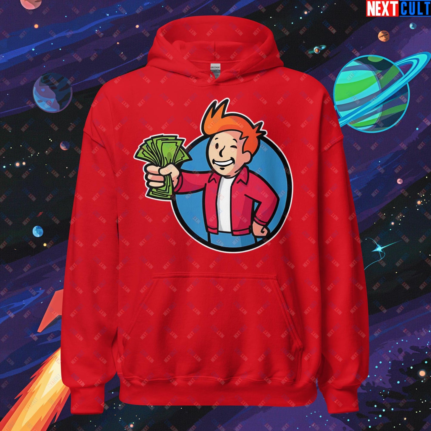 Shut Up And Take My Money Fry Boy Futurama Vault Boy Fallout Funny Cartoon Mashup Unisex Hoodie Red Hoodies Fallout Futurama TV Shows Vault Boy Next Cult Brand