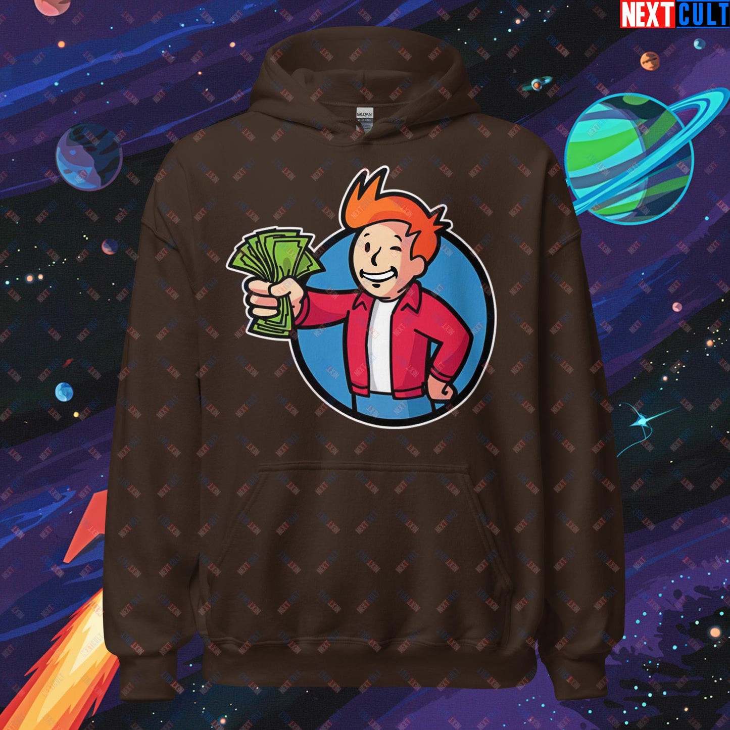 Shut Up And Take My Money Fry Boy Futurama Vault Boy Fallout Funny Cartoon Mashup Unisex Hoodie Next Cult Brand