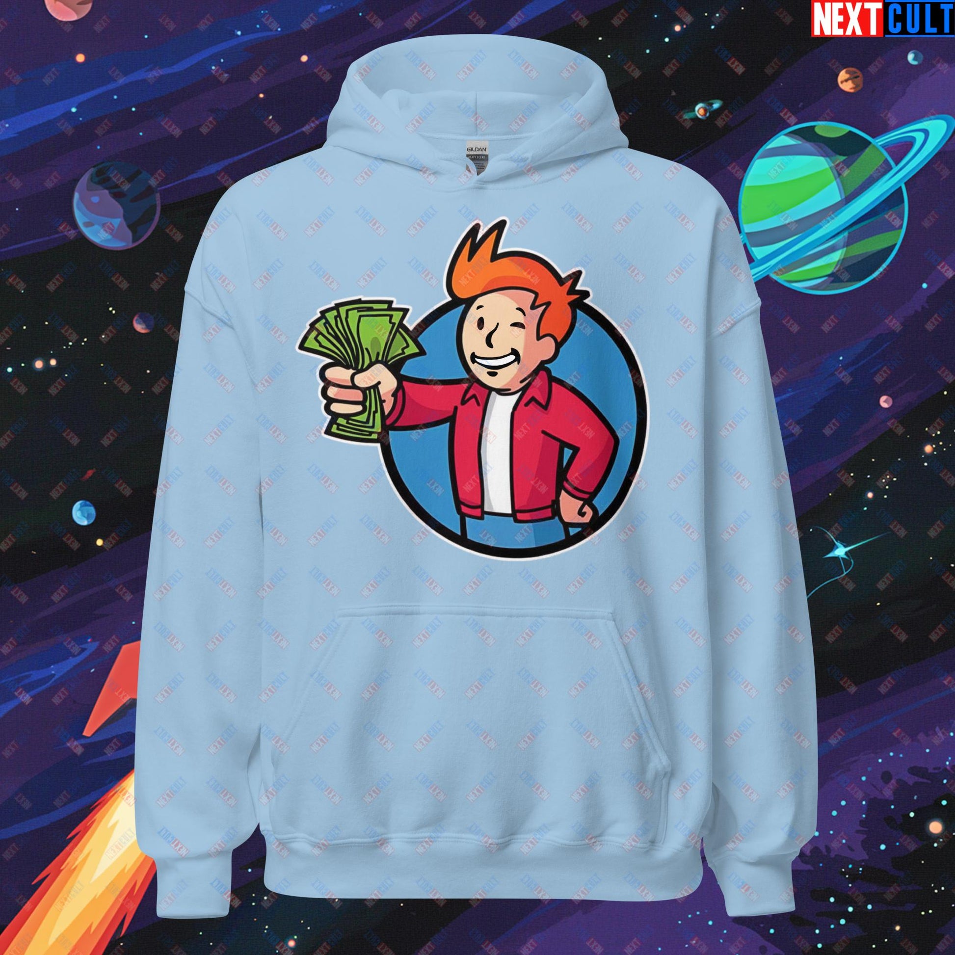 Shut Up And Take My Money Fry Boy Futurama Vault Boy Fallout Funny Cartoon Mashup Unisex Hoodie Light Blue Hoodies Fallout Futurama TV Shows Vault Boy Next Cult Brand