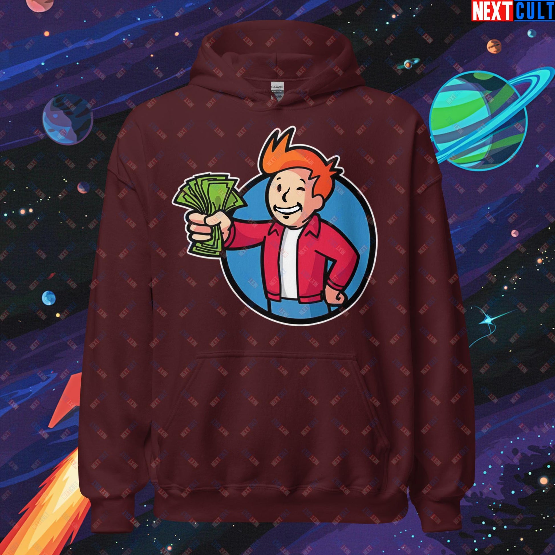 Shut Up And Take My Money Fry Boy Futurama Vault Boy Fallout Funny Cartoon Mashup Unisex Hoodie Maroon Hoodies Fallout Futurama TV Shows Vault Boy Next Cult Brand