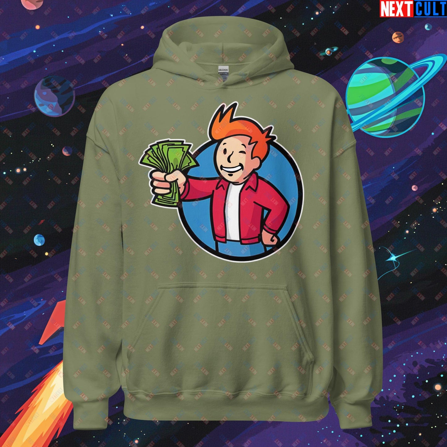 Shut Up And Take My Money Fry Boy Futurama Vault Boy Fallout Funny Cartoon Mashup Unisex Hoodie Military Green Hoodies Fallout Futurama TV Shows Vault Boy Next Cult Brand