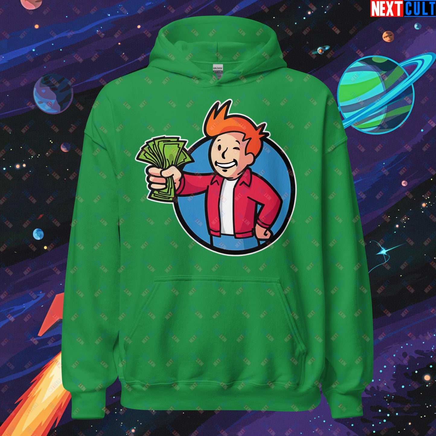 Shut Up And Take My Money Fry Boy Futurama Vault Boy Fallout Funny Cartoon Mashup Unisex Hoodie Irish Green Hoodies Fallout Futurama TV Shows Vault Boy Next Cult Brand