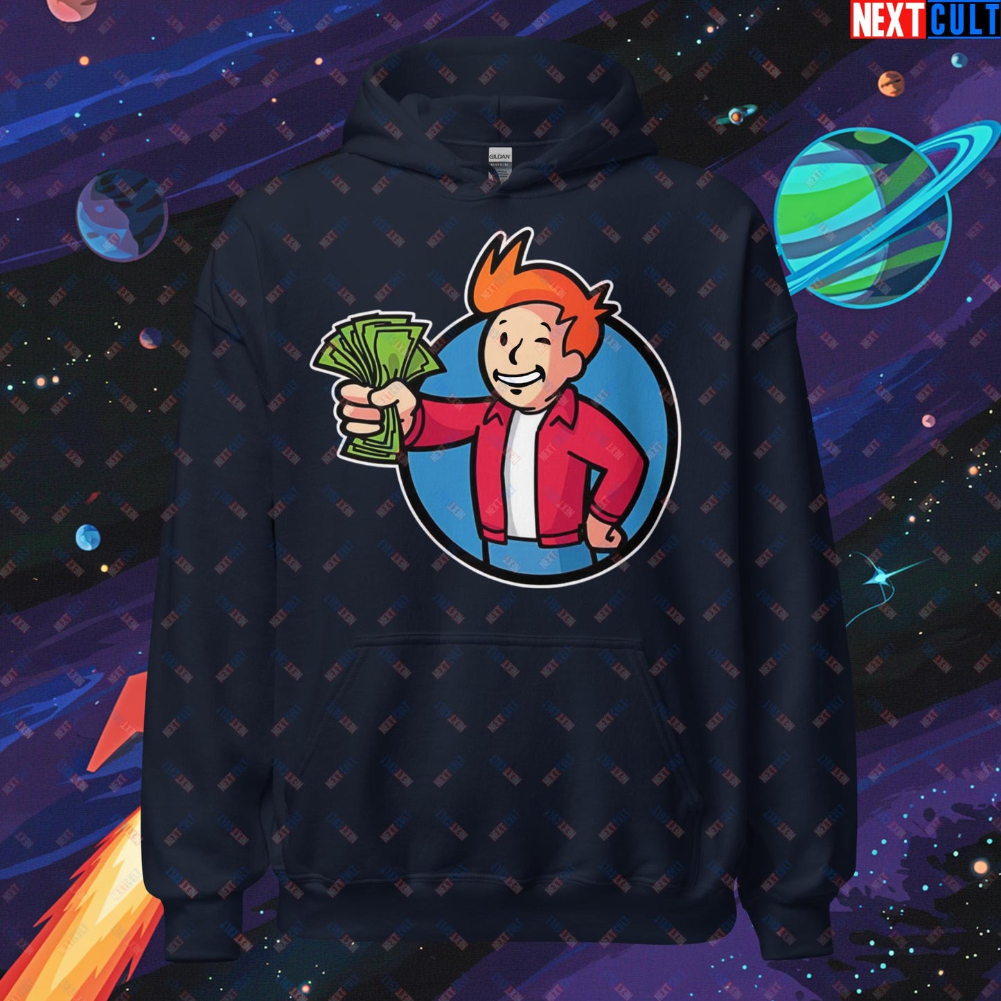 Shut Up And Take My Money Fry Boy Futurama Vault Boy Fallout Funny Cartoon Mashup Unisex Hoodie Navy Hoodies Fallout Futurama TV Shows Vault Boy Next Cult Brand