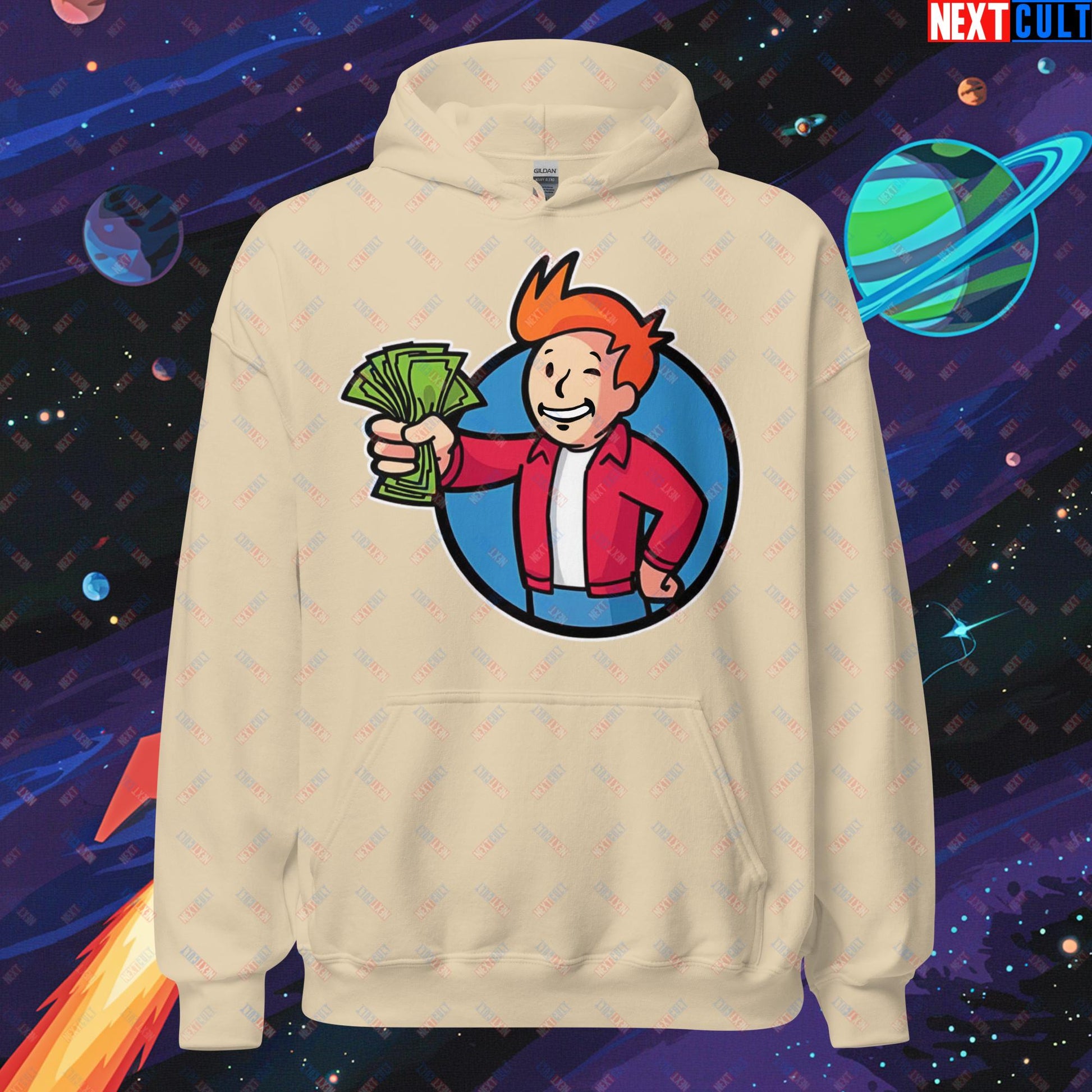 Shut Up And Take My Money Fry Boy Futurama Vault Boy Fallout Funny Cartoon Mashup Unisex Hoodie Sand Hoodies Fallout Futurama TV Shows Vault Boy Next Cult Brand