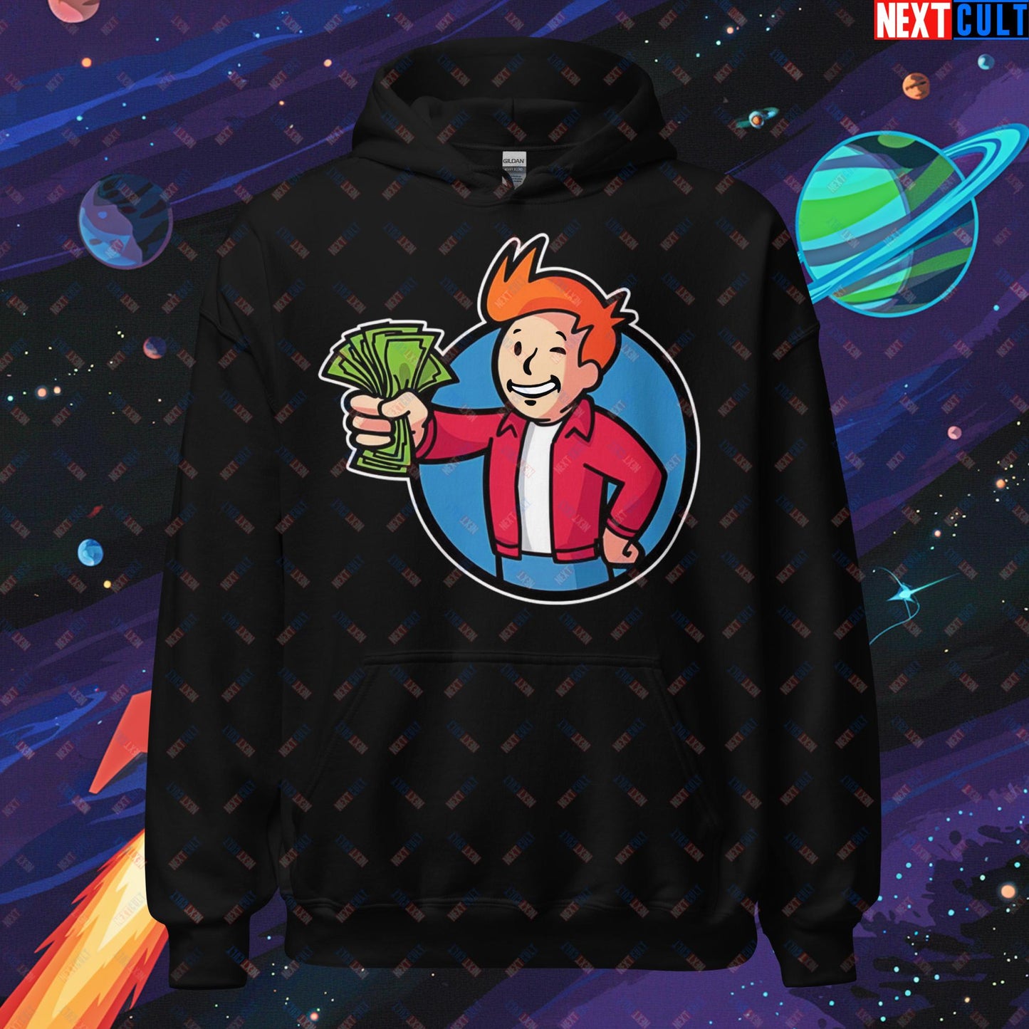 Shut Up And Take My Money Fry Boy Futurama Vault Boy Fallout Funny Cartoon Mashup Unisex Hoodie Black Hoodies Fallout Futurama TV Shows Vault Boy Next Cult Brand