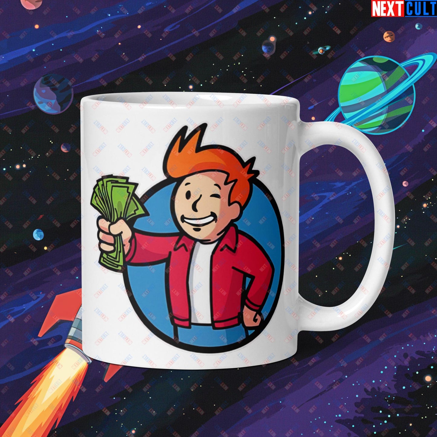 Shut Up And Take My Money Fry Boy Futurama Vault Boy Fallout Funny Cartoon Mashup White glossy mug Next Cult Brand