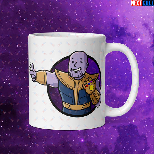 Snap Boy Thanos Vault Boy Fallout Funny Meme Cartoon Mashup White glossy mug Next Cult Brand