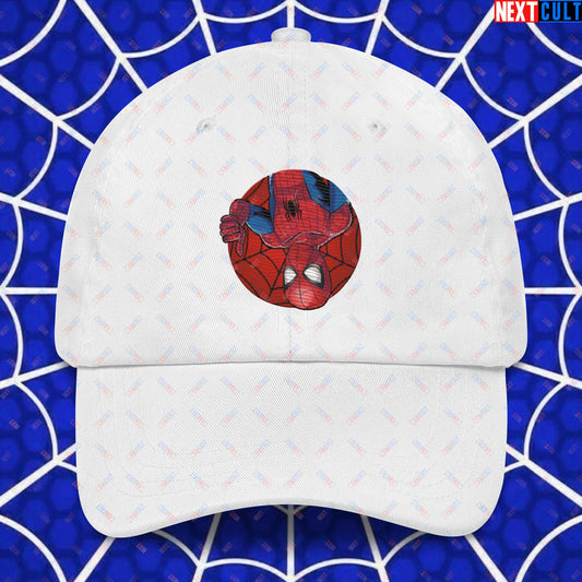 Spider Boy Vault Boy Fallout Funny Meme Cartoon Mashup Dad hat White Hats Fallout Movies Spiderman Superheroes Vault Boy Next Cult Brand