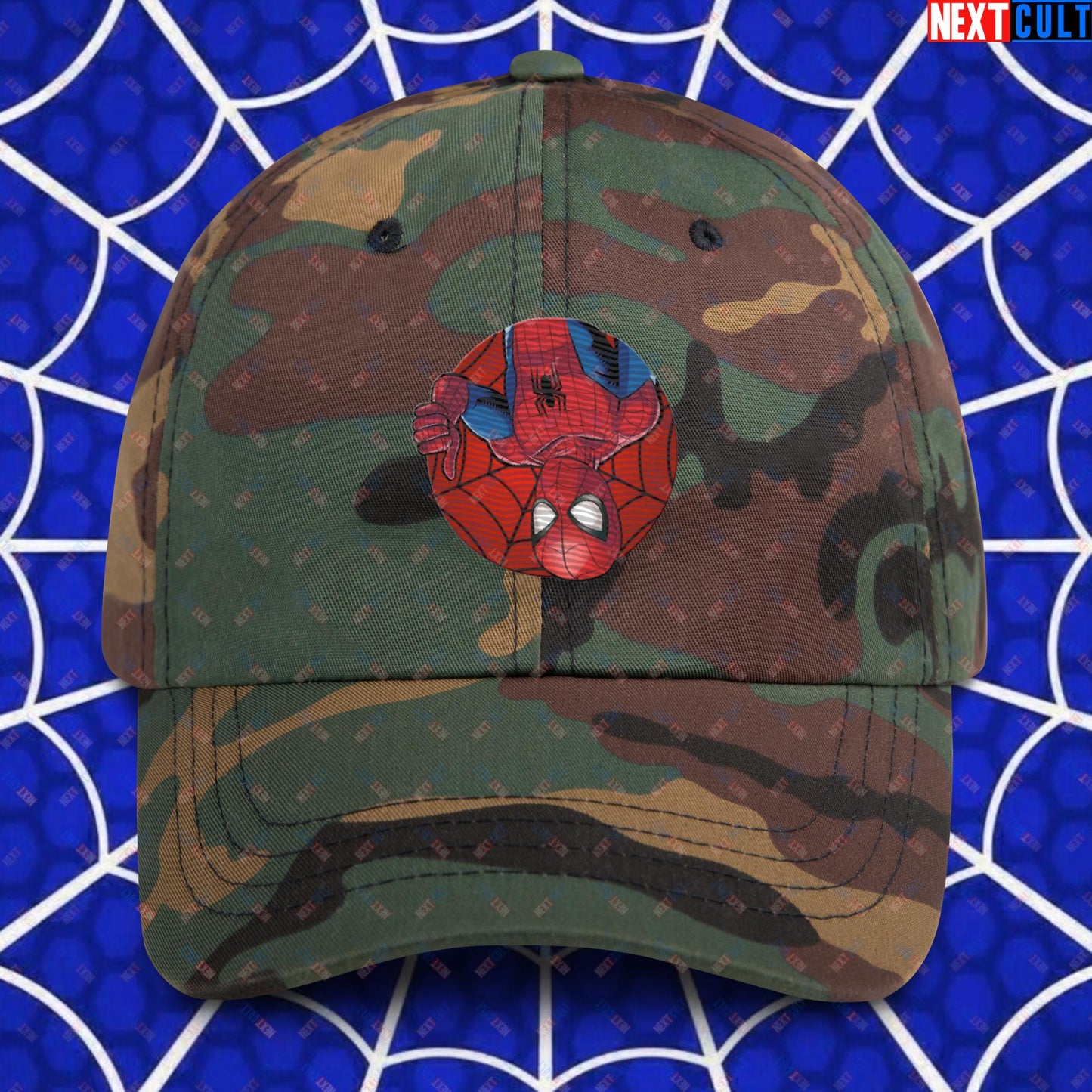 Spider Boy Vault Boy Fallout Funny Meme Cartoon Mashup Dad hat Green Camo Hats Fallout Movies Spiderman Superheroes Vault Boy Next Cult Brand