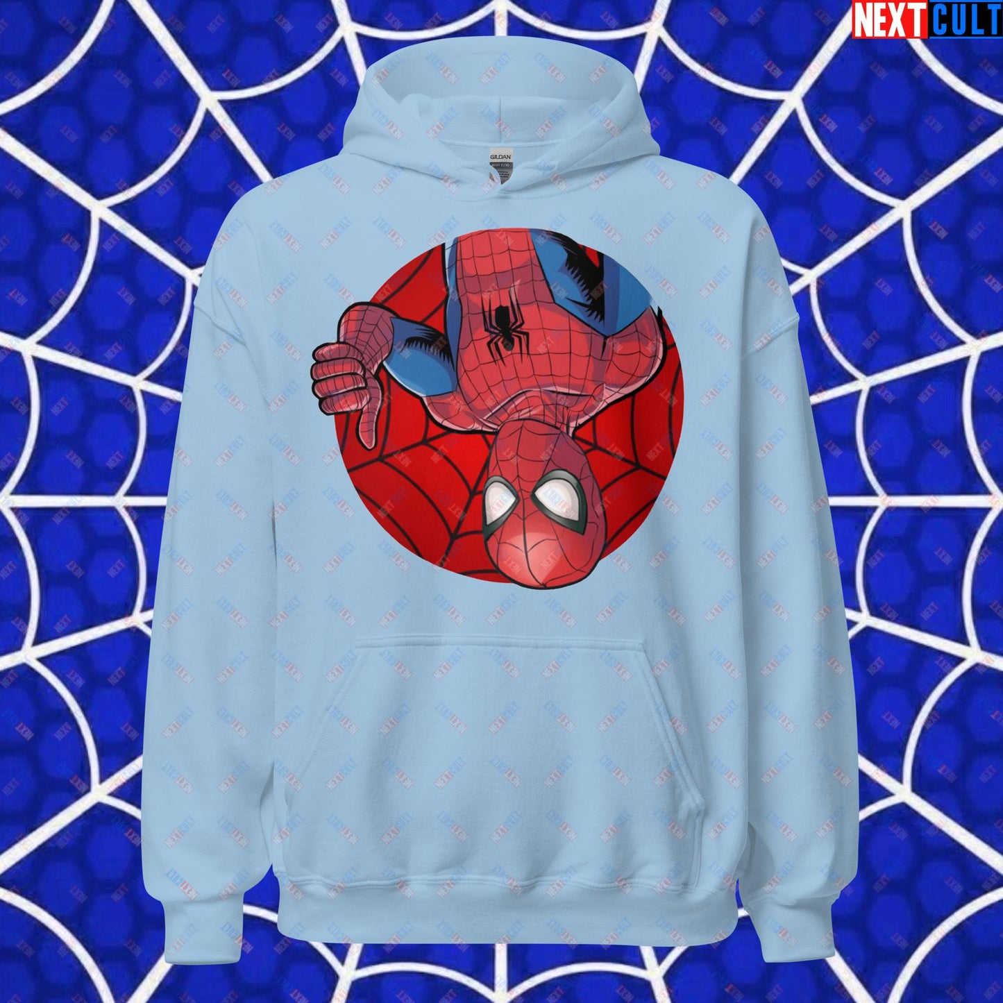 Spider Boy Vault Boy Fallout Funny Meme Cartoon Mashup Unisex Hoodie Light Blue Hoodies Fallout Movies Spiderman Superheroes Vault Boy Next Cult Brand