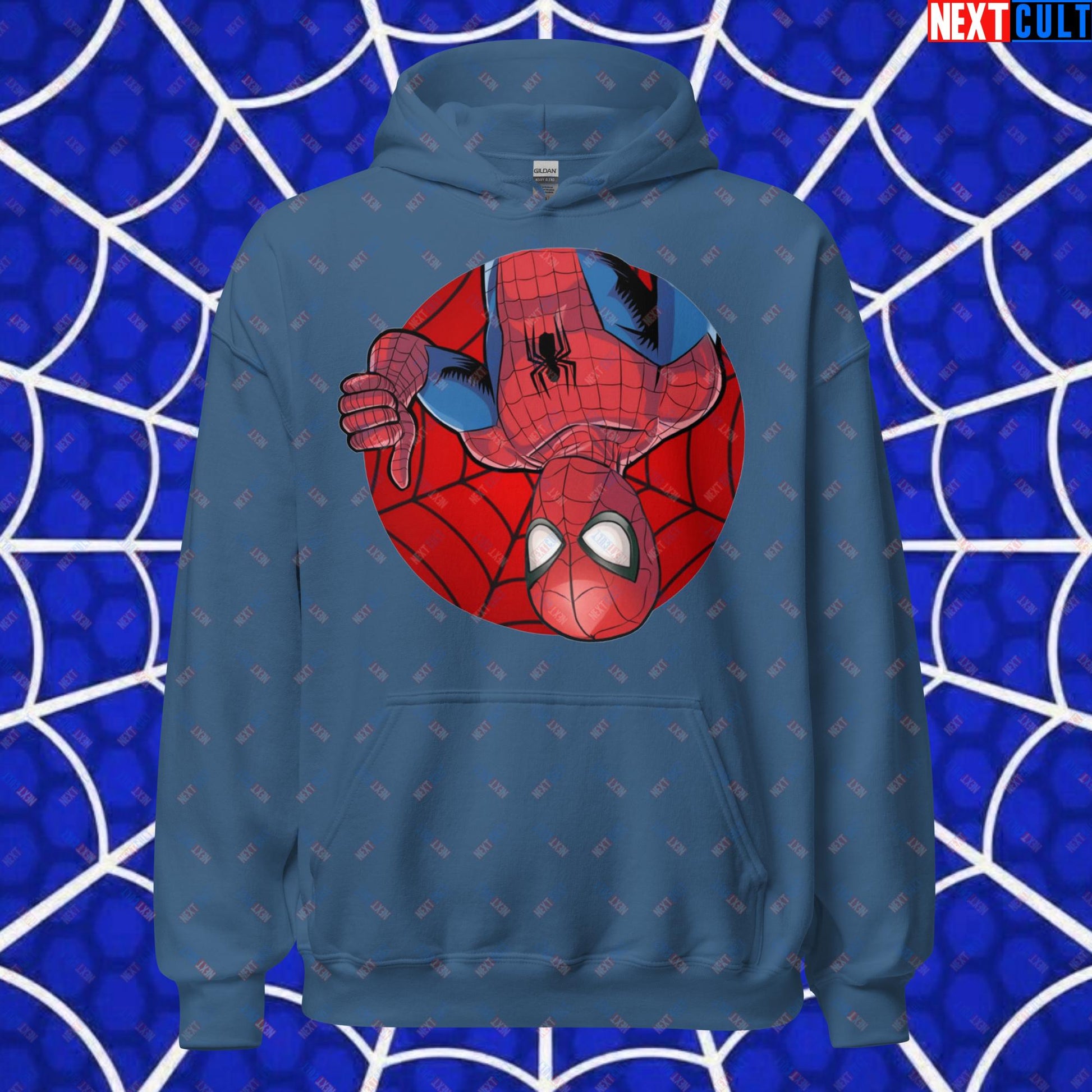 Spider Boy Vault Boy Fallout Funny Meme Cartoon Mashup Unisex Hoodie Indigo Blue Hoodies Fallout Movies Spiderman Superheroes Vault Boy Next Cult Brand