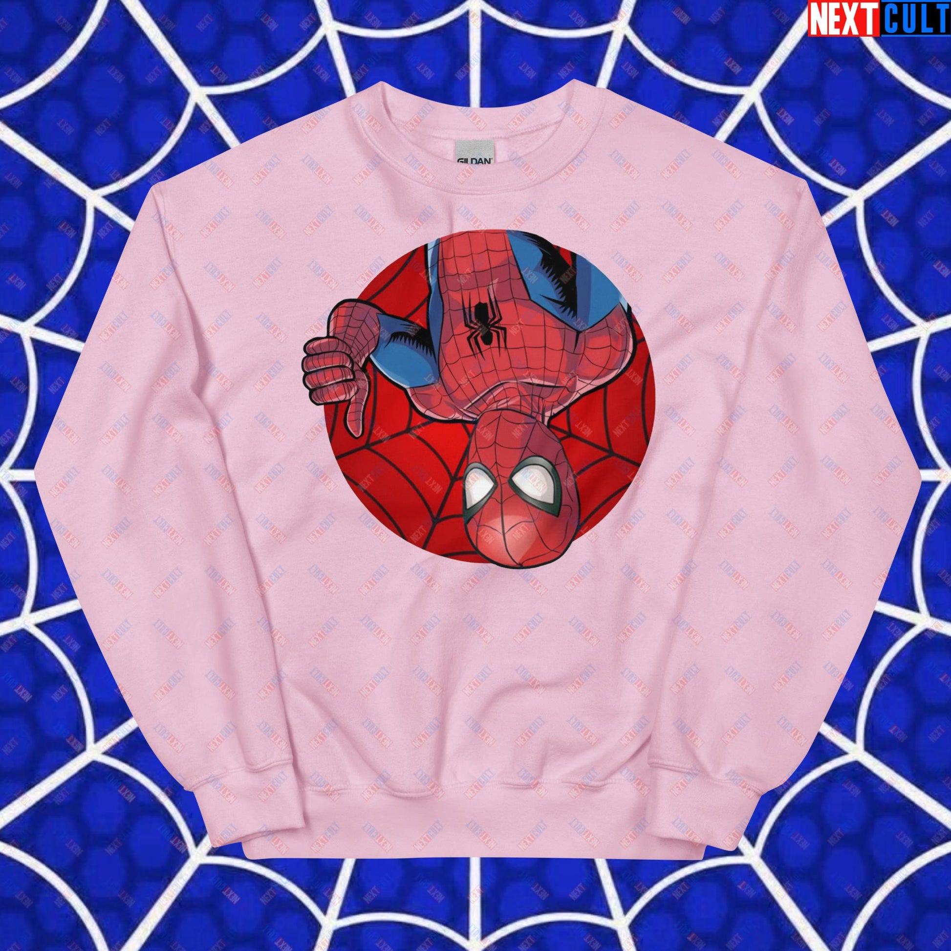 Spider Boy Vault Boy Fallout Funny Meme Cartoon Mashup Unisex Sweatshirt Light Pink Sweatshirts Fallout Movies Spiderman Superheroes Vault Boy Next Cult Brand