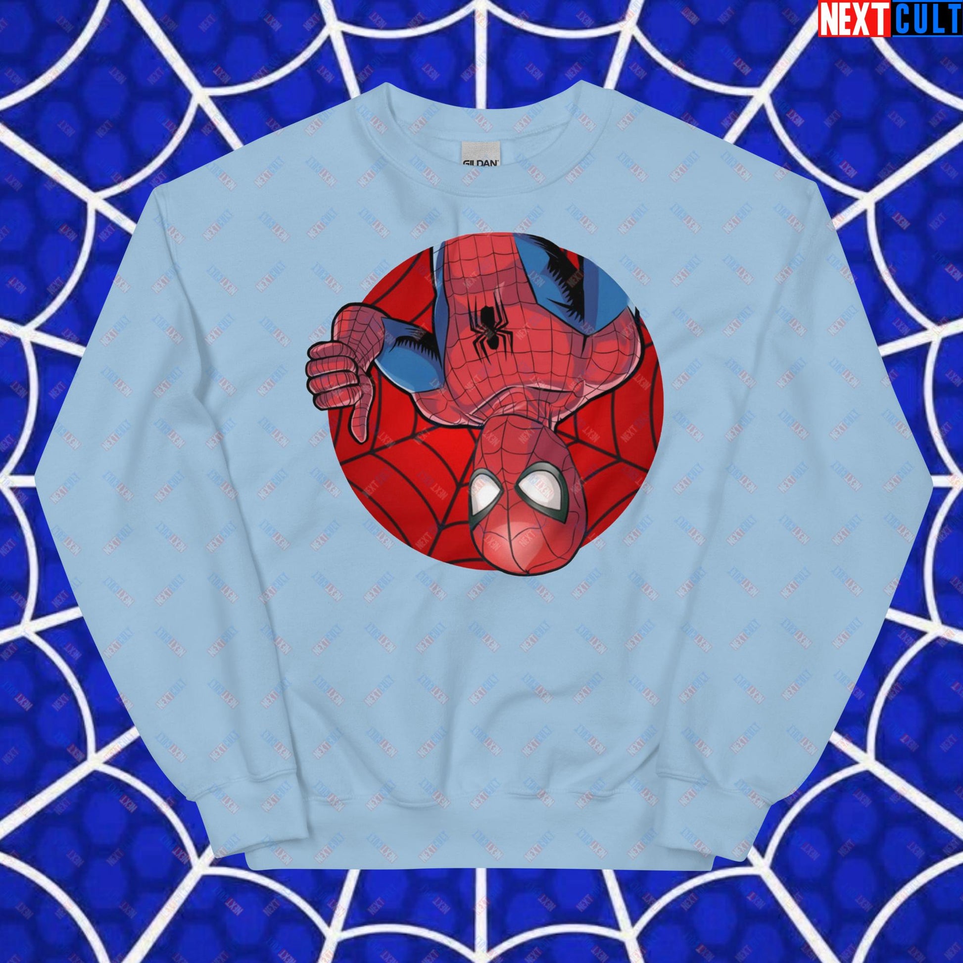 Spider Boy Vault Boy Fallout Funny Meme Cartoon Mashup Unisex Sweatshirt Light Blue Sweatshirts Fallout Movies Spiderman Superheroes Vault Boy Next Cult Brand