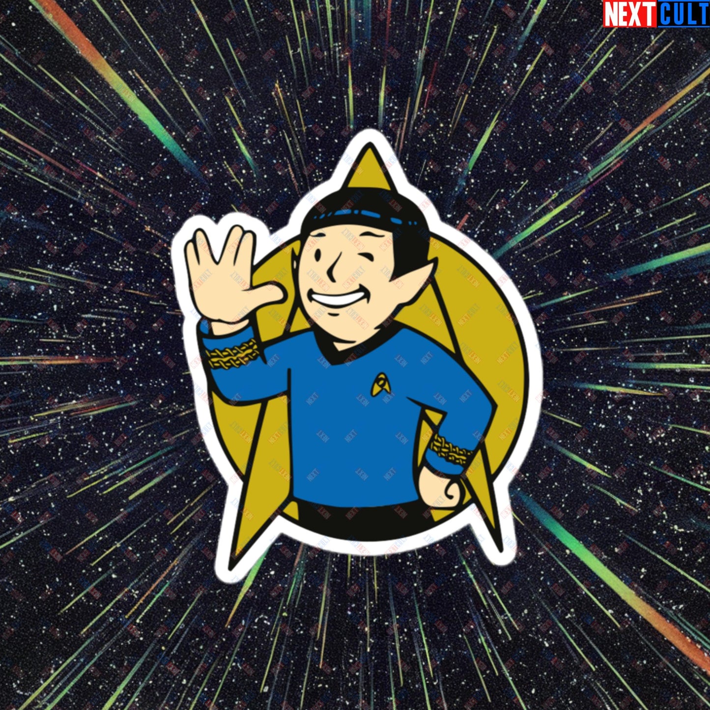 Spock Boy Star Trek Vault Boy Fallout Funny Meme Cartoon Mashup Bubble-free stickers 4″×4″ Stickers Fallout Star Trek TV Shows Vault Boy Next Cult Brand