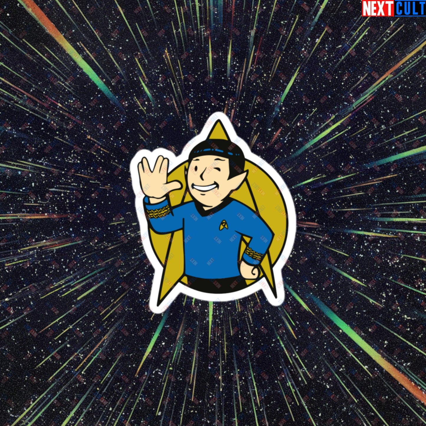 Spock Boy Star Trek Vault Boy Fallout Funny Meme Cartoon Mashup Bubble-free stickers 3″×3″ Stickers Fallout Star Trek TV Shows Vault Boy Next Cult Brand