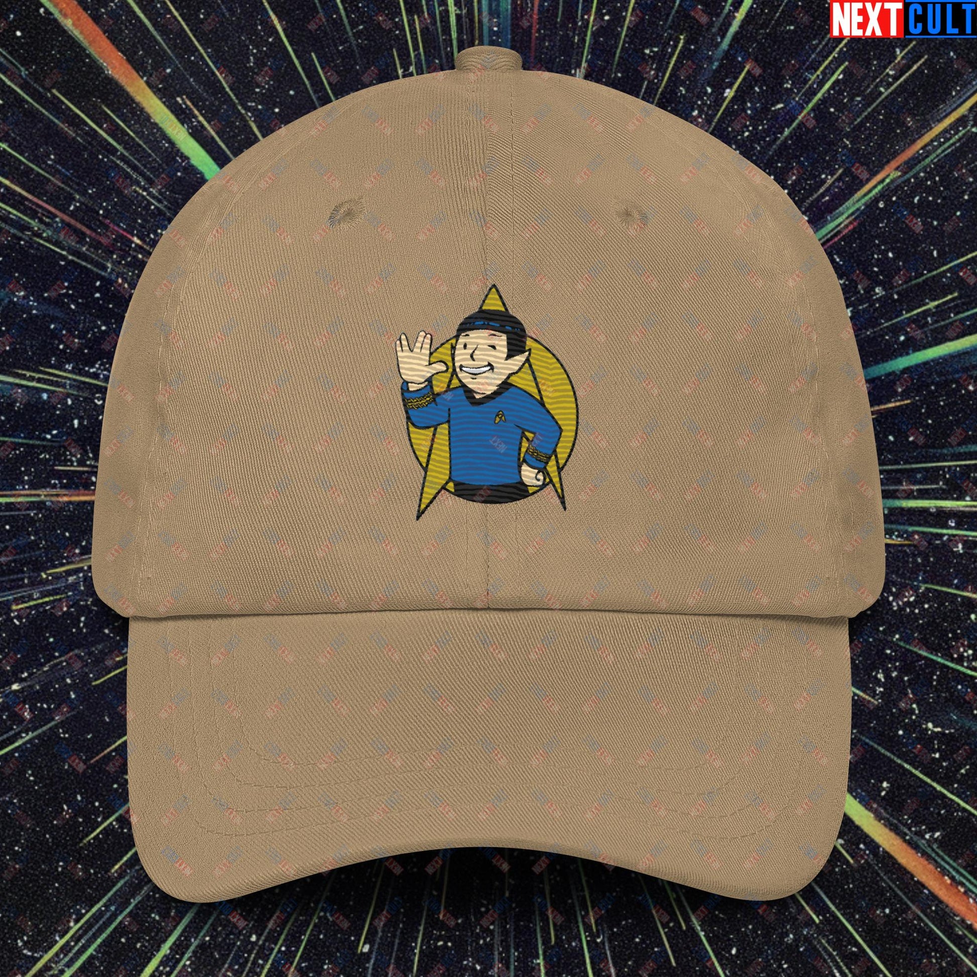 Spock Boy Star Trek Vault Boy Fallout Funny Meme Cartoon Mashup Dad hat Khaki Hats Fallout Star Trek TV Shows Vault Boy Next Cult Brand