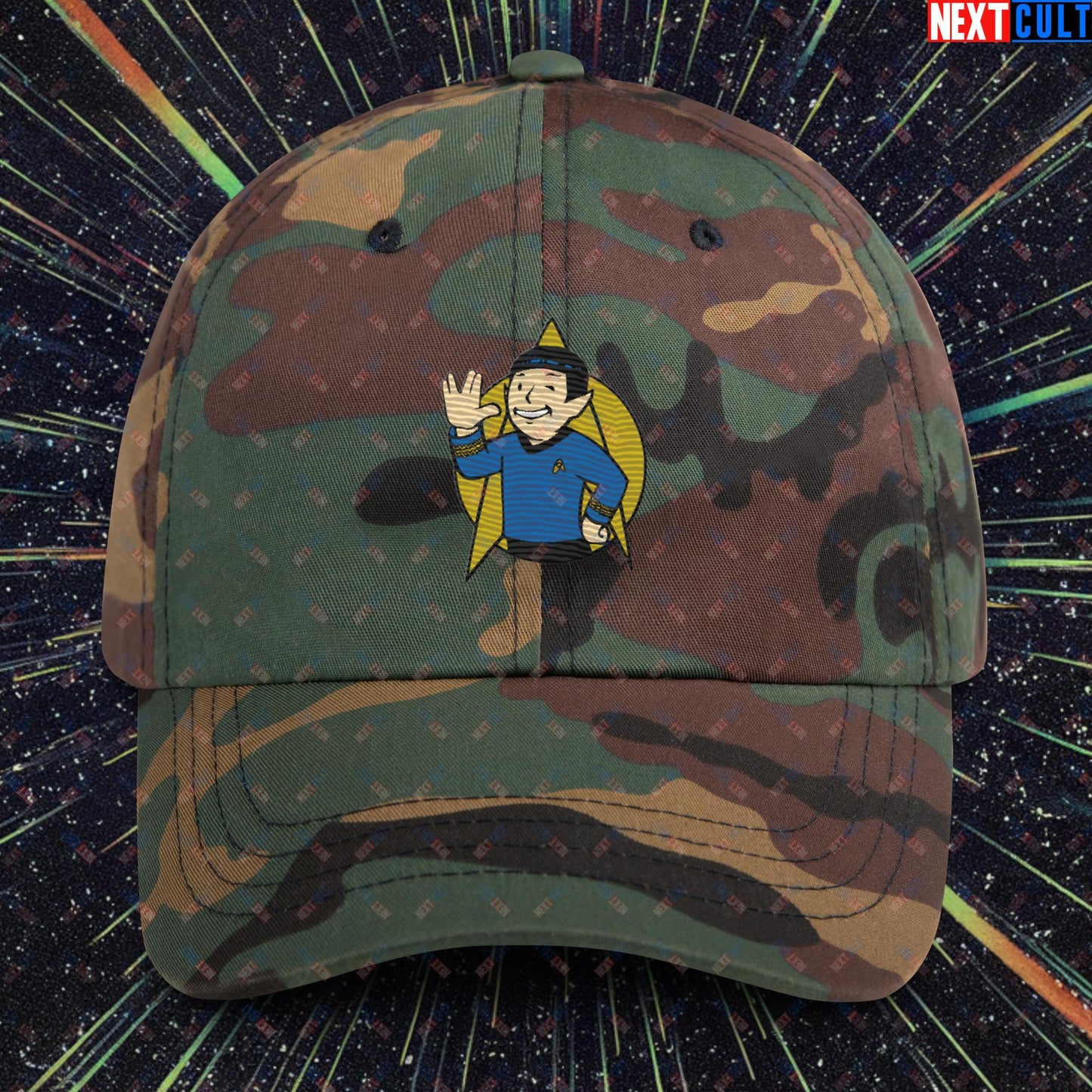 Spock Boy Star Trek Vault Boy Fallout Funny Meme Cartoon Mashup Dad hat Green Camo Hats Fallout Star Trek TV Shows Vault Boy Next Cult Brand