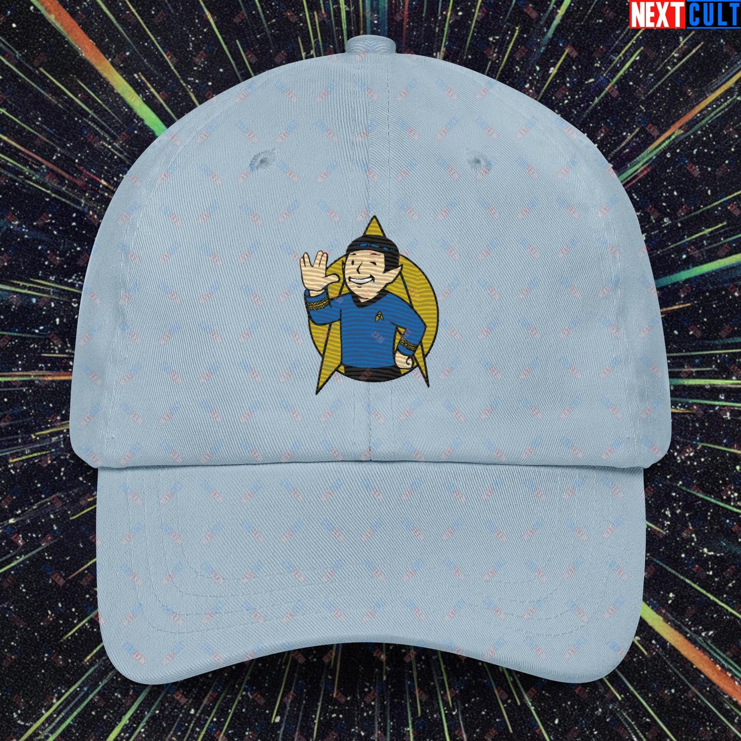 Spock Boy Star Trek Vault Boy Fallout Funny Meme Cartoon Mashup Dad hat Light Blue Hats Fallout Star Trek TV Shows Vault Boy Next Cult Brand