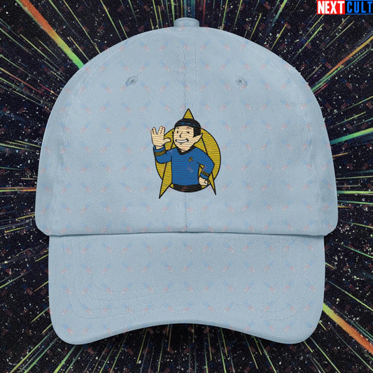 Spock Boy Star Trek Vault Boy Fallout Funny Meme Cartoon Mashup Dad hat Light Blue Hats Fallout Star Trek TV Shows Vault Boy Next Cult Brand