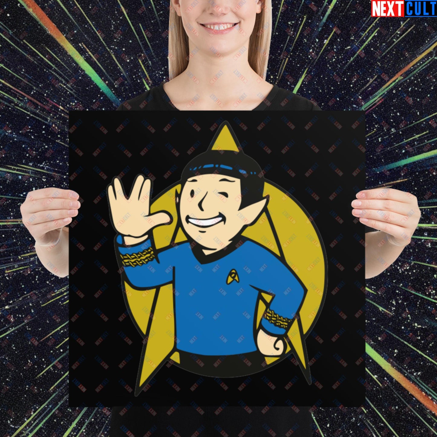 Spock Boy Star Trek Vault Boy Fallout Funny Meme Cartoon Mashup Poster 18″×18″ Posters Fallout Star Trek TV Shows Vault Boy Next Cult Brand