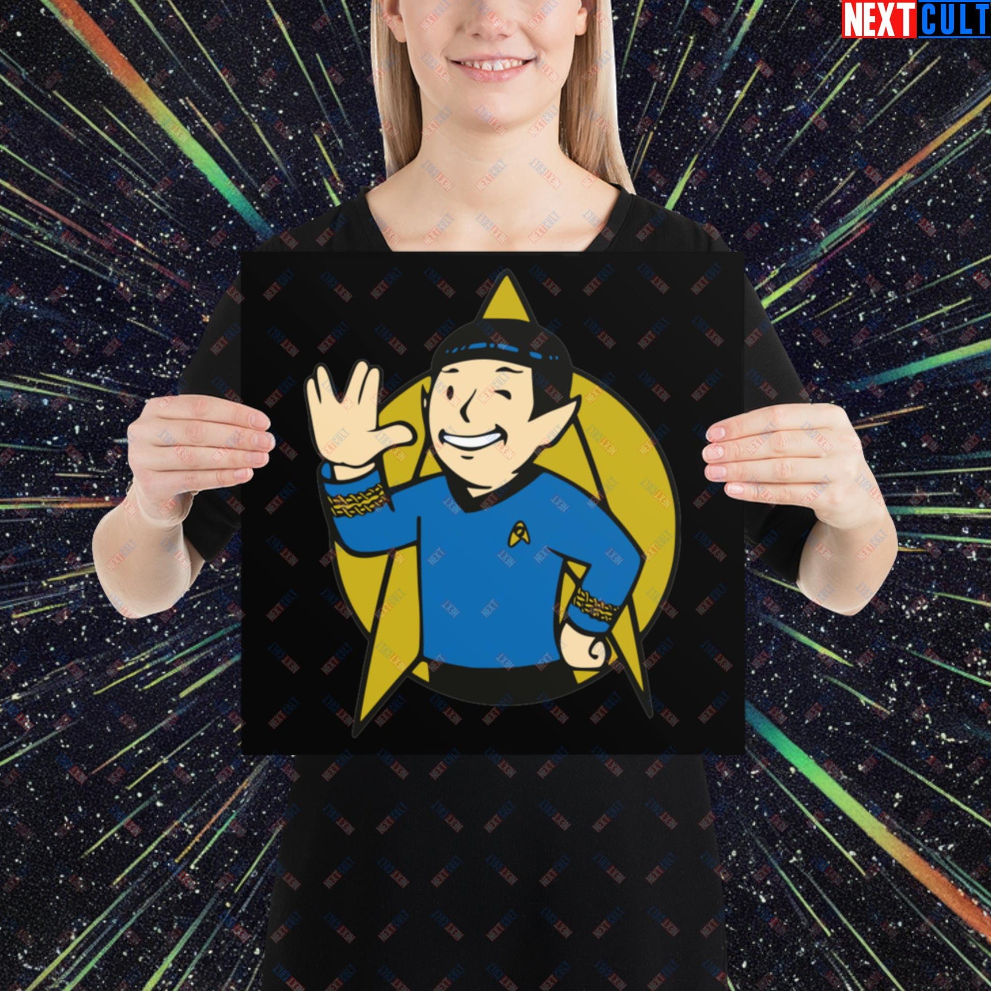 Spock Boy Star Trek Vault Boy Fallout Funny Meme Cartoon Mashup Poster 14″×14″ Posters Fallout Star Trek TV Shows Vault Boy Next Cult Brand