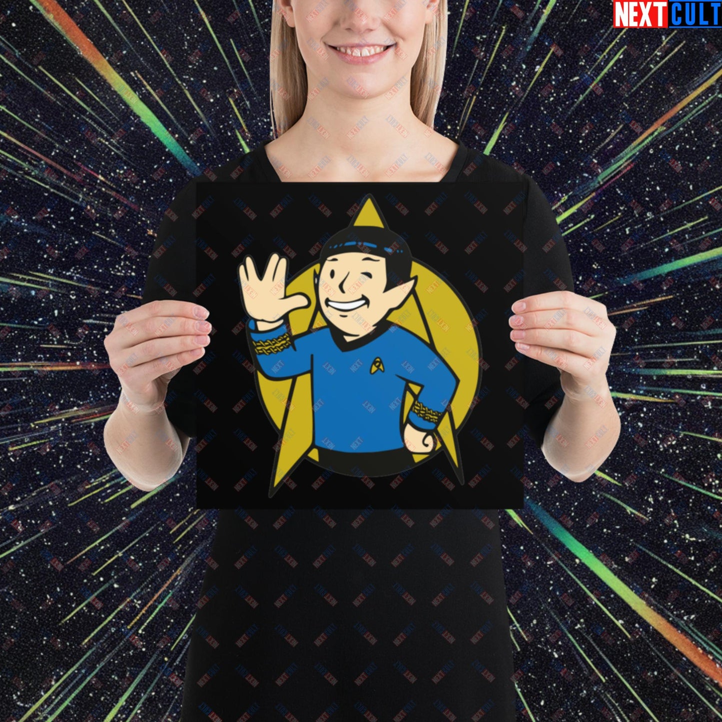 Spock Boy Star Trek Vault Boy Fallout Funny Meme Cartoon Mashup Poster 12″×12″ Posters Fallout Star Trek TV Shows Vault Boy Next Cult Brand