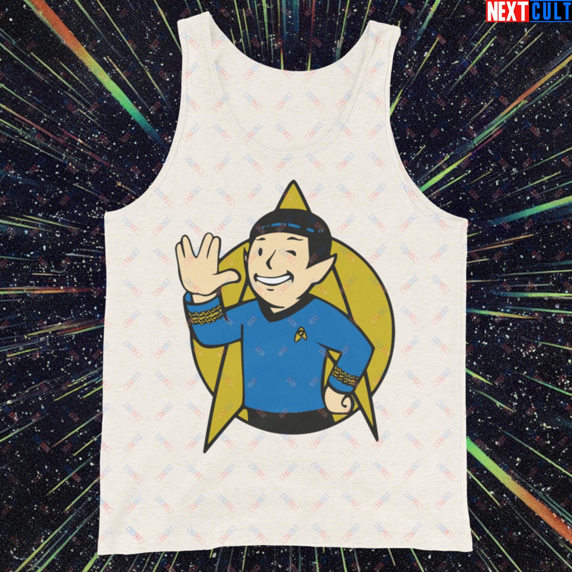 Spock Boy Star Trek Vault Boy Fallout Funny Meme Cartoon Mashup Tank Top Oatmeal Triblend Tank Tops Fallout Star Trek TV Shows Vault Boy Next Cult Brand