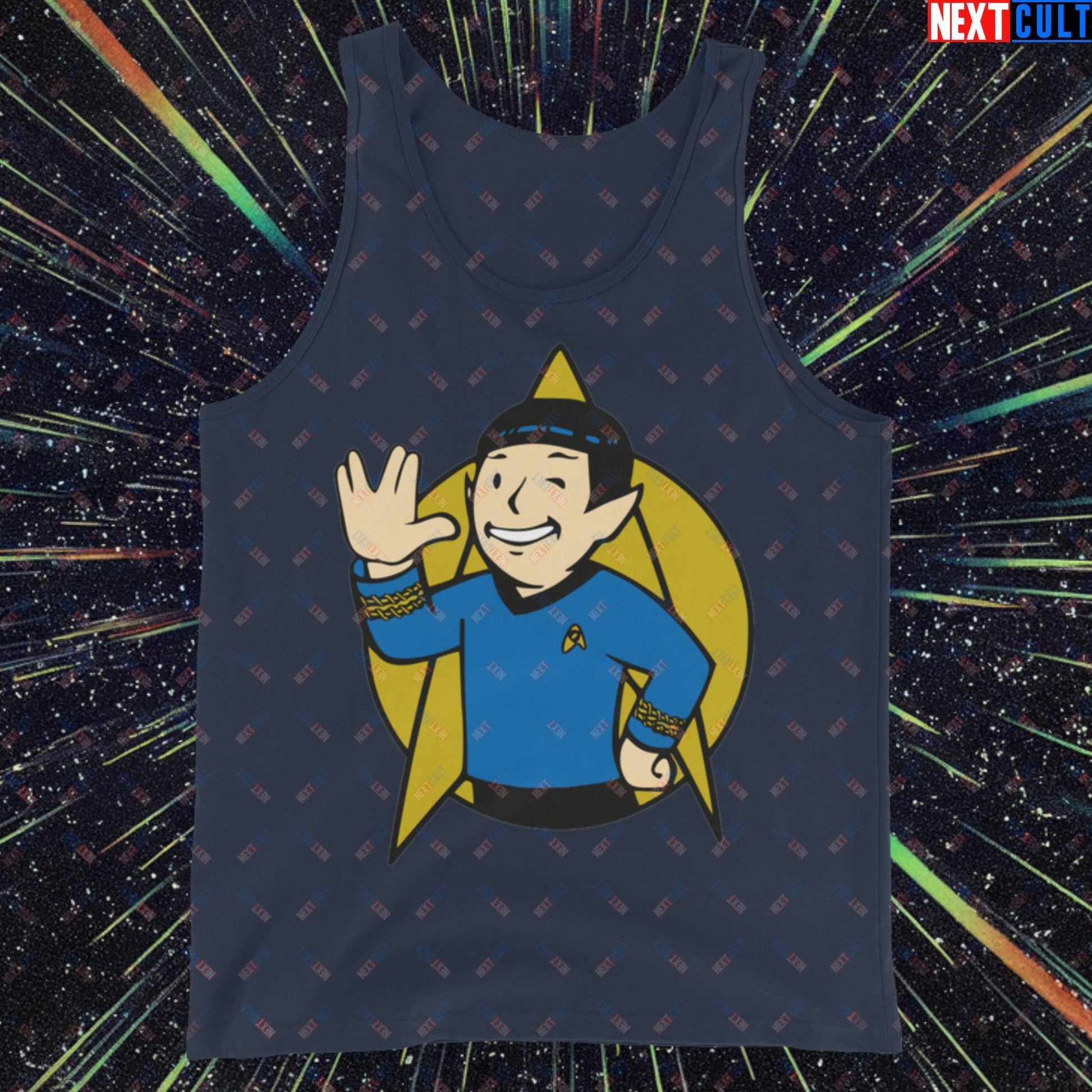 Spock Boy Star Trek Vault Boy Fallout Funny Meme Cartoon Mashup Tank Top Navy Tank Tops Fallout Star Trek TV Shows Vault Boy Next Cult Brand