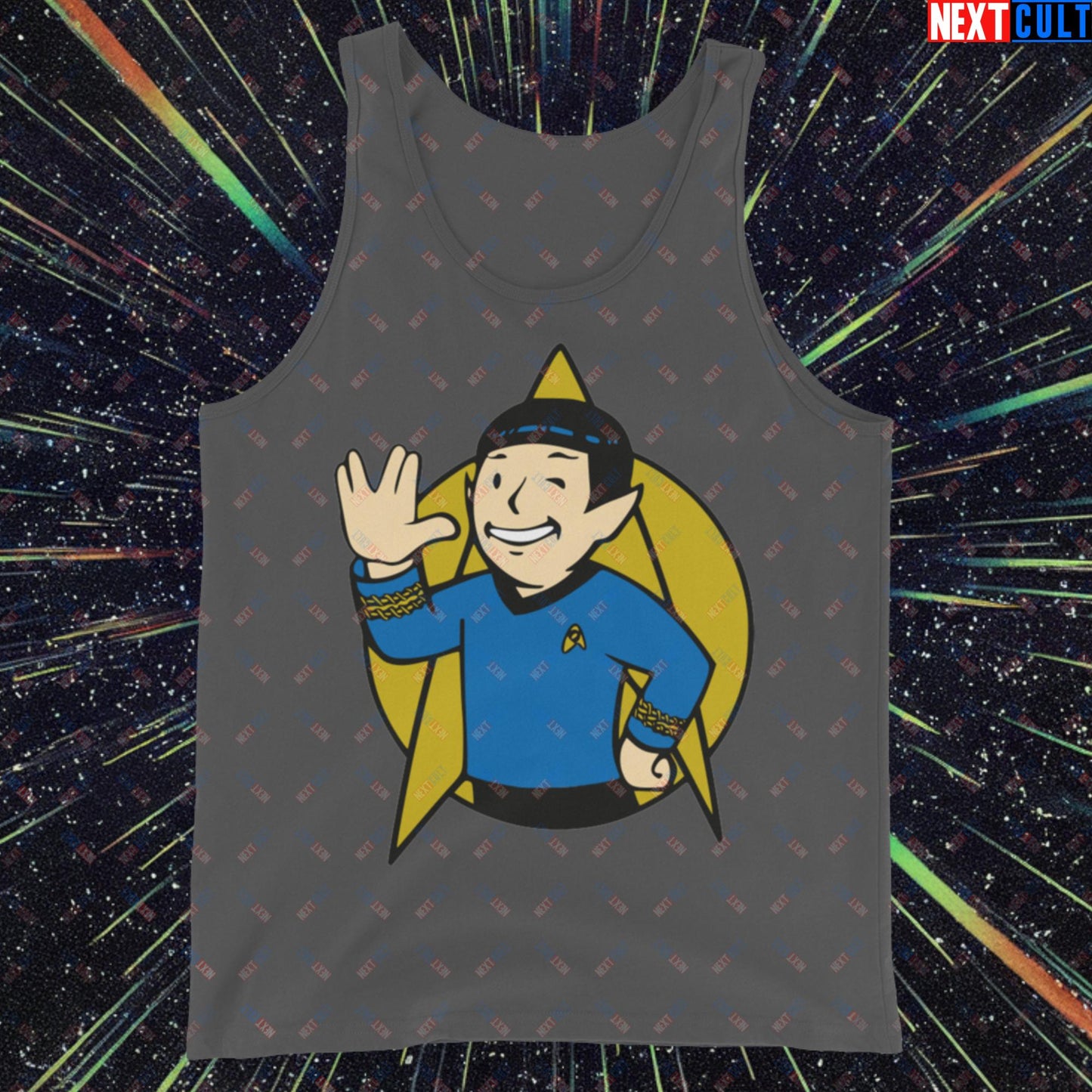 Spock Boy Star Trek Vault Boy Fallout Funny Meme Cartoon Mashup Tank Top Asphalt Tank Tops Fallout Star Trek TV Shows Vault Boy Next Cult Brand