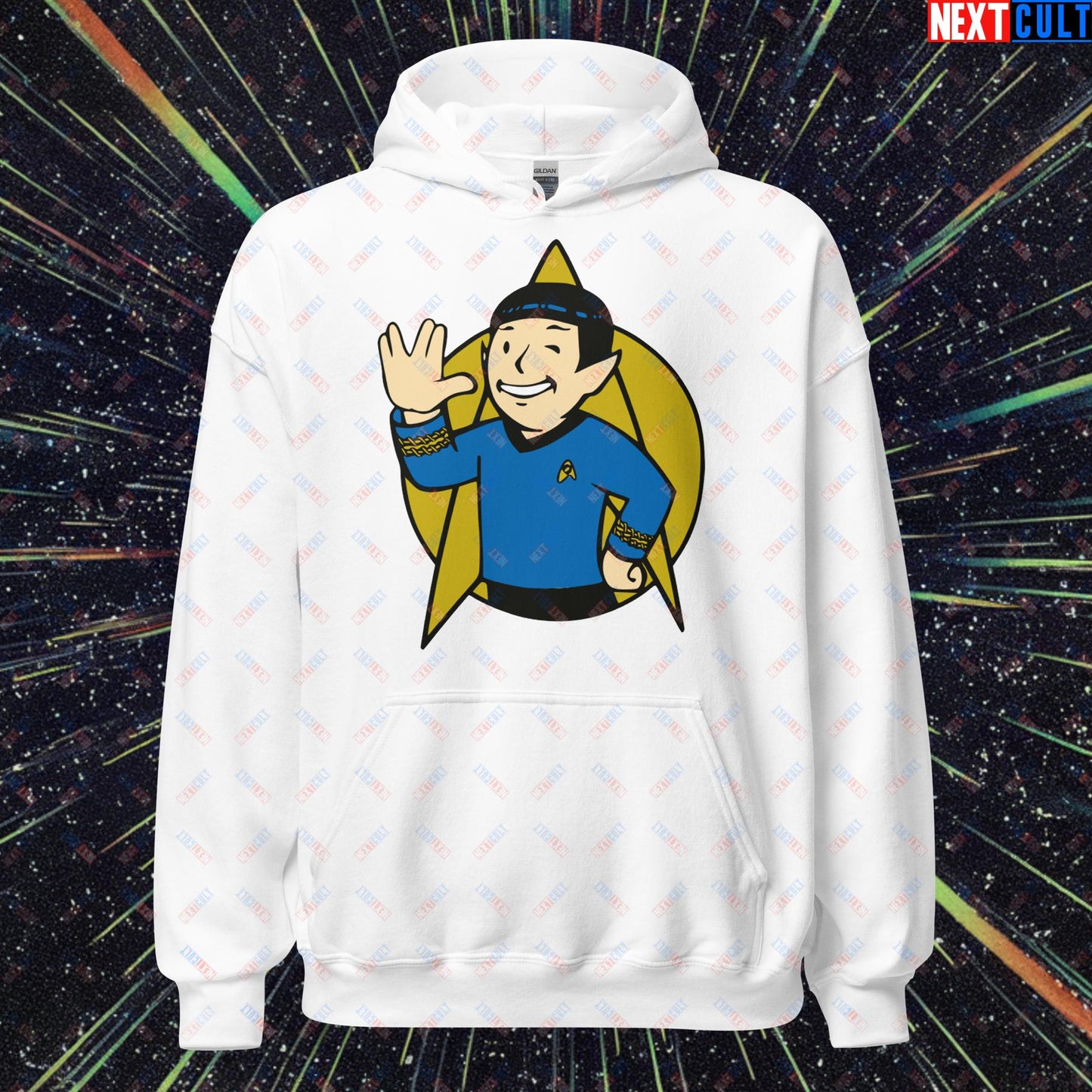 Spock Boy Star Trek Vault Boy Fallout Funny Meme Cartoon Mashup Unisex Hoodie White Hoodies Fallout Star Trek TV Shows Vault Boy Next Cult Brand