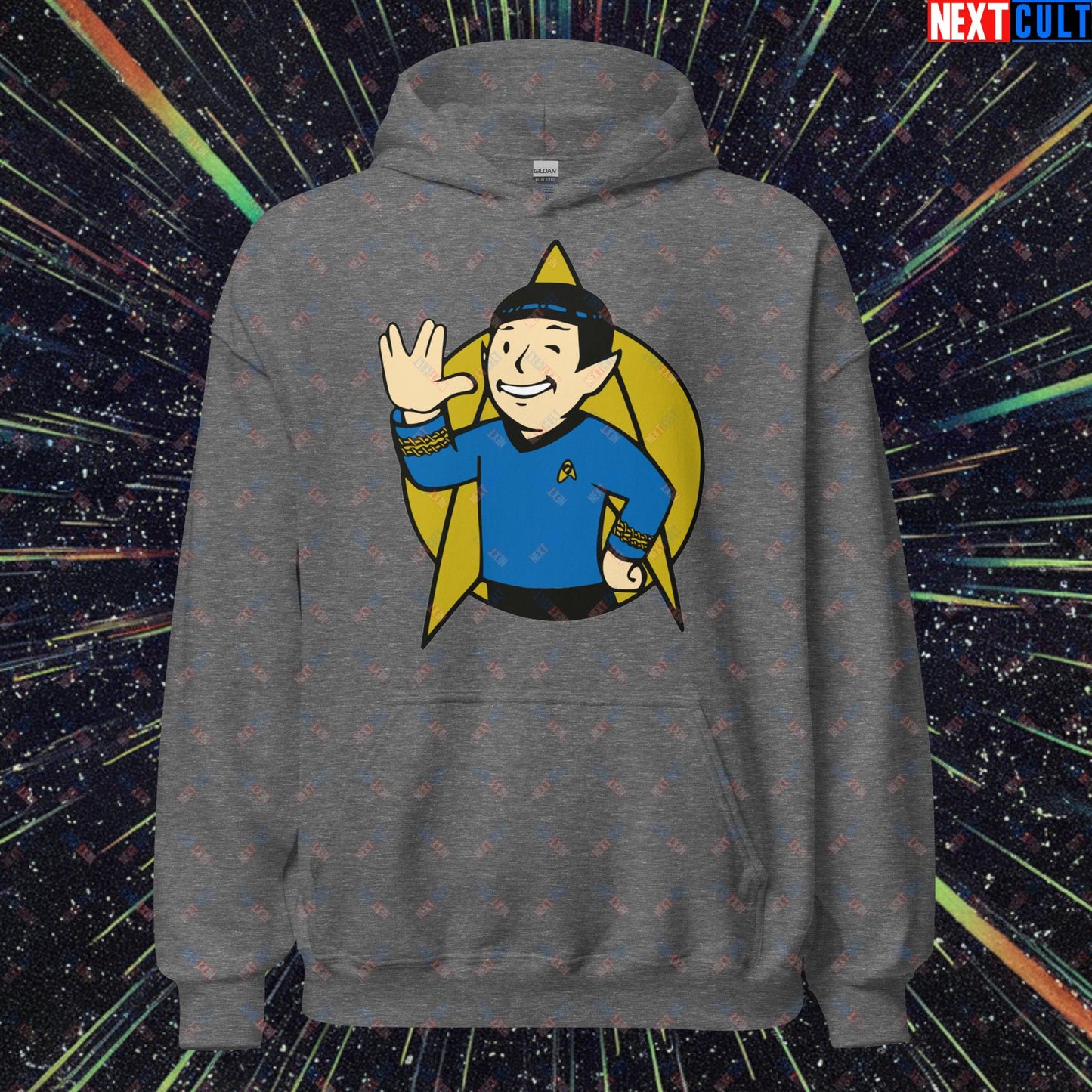 Spock Boy Star Trek Vault Boy Fallout Funny Meme Cartoon Mashup Unisex Hoodie Graphite Heather Hoodies Fallout Star Trek TV Shows Vault Boy Next Cult Brand