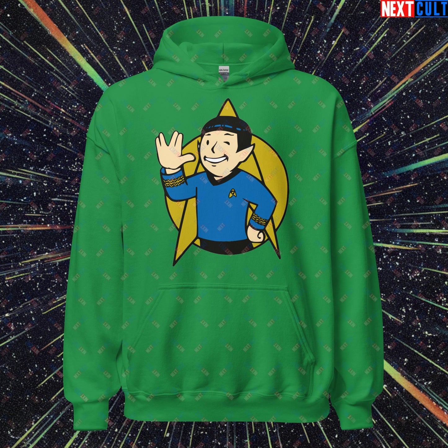 Spock Boy Star Trek Vault Boy Fallout Funny Meme Cartoon Mashup Unisex Hoodie Irish Green Hoodies Fallout Star Trek TV Shows Vault Boy Next Cult Brand